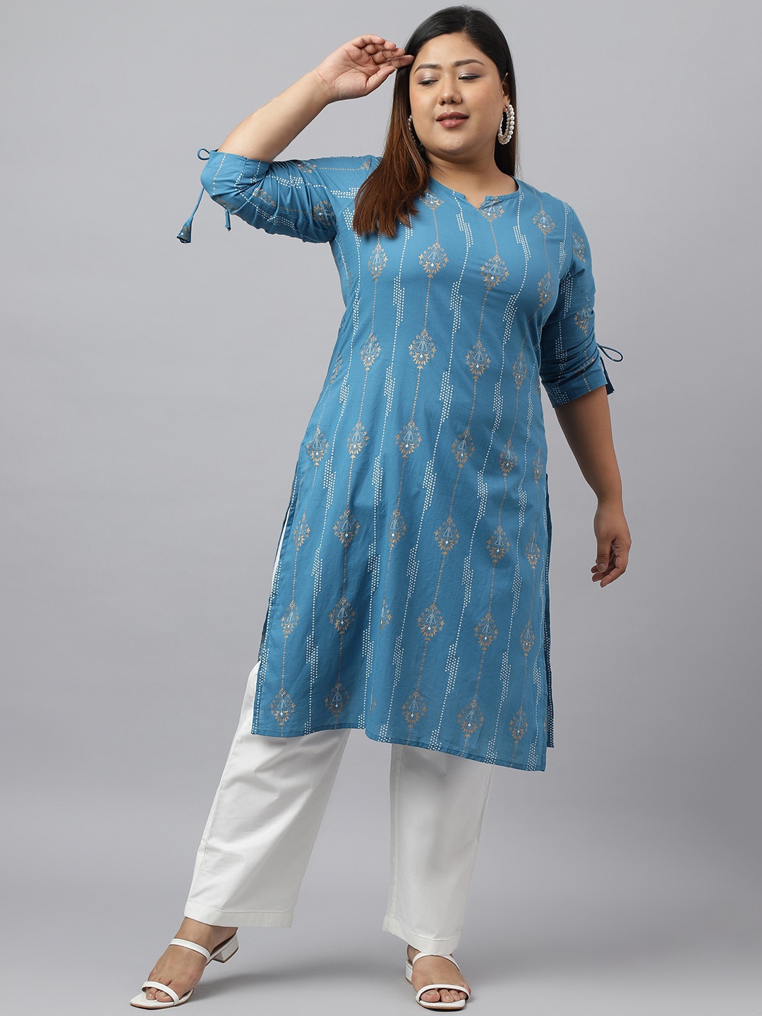 

XL LOVE by Janasya Plus Size Ethnic Motifs Printed Pure Cotton Straight Kurta, Blue