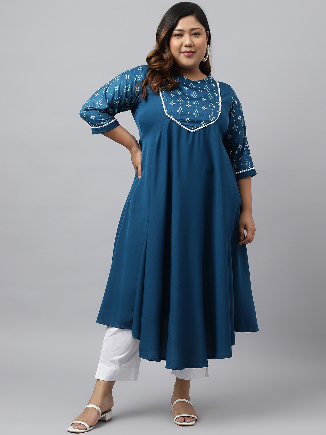

XL LOVE by Janasya Plus Size Ethnic Yoke Design A-Line Kurta, Teal