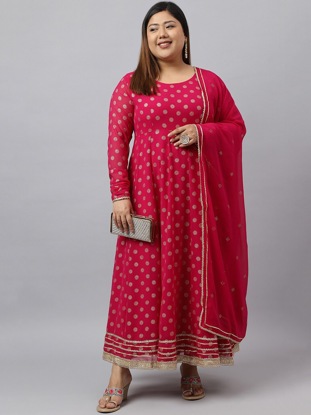 

Janasya Women Foil Print Georgette Anarkali Kurta with Dupatta, Pink