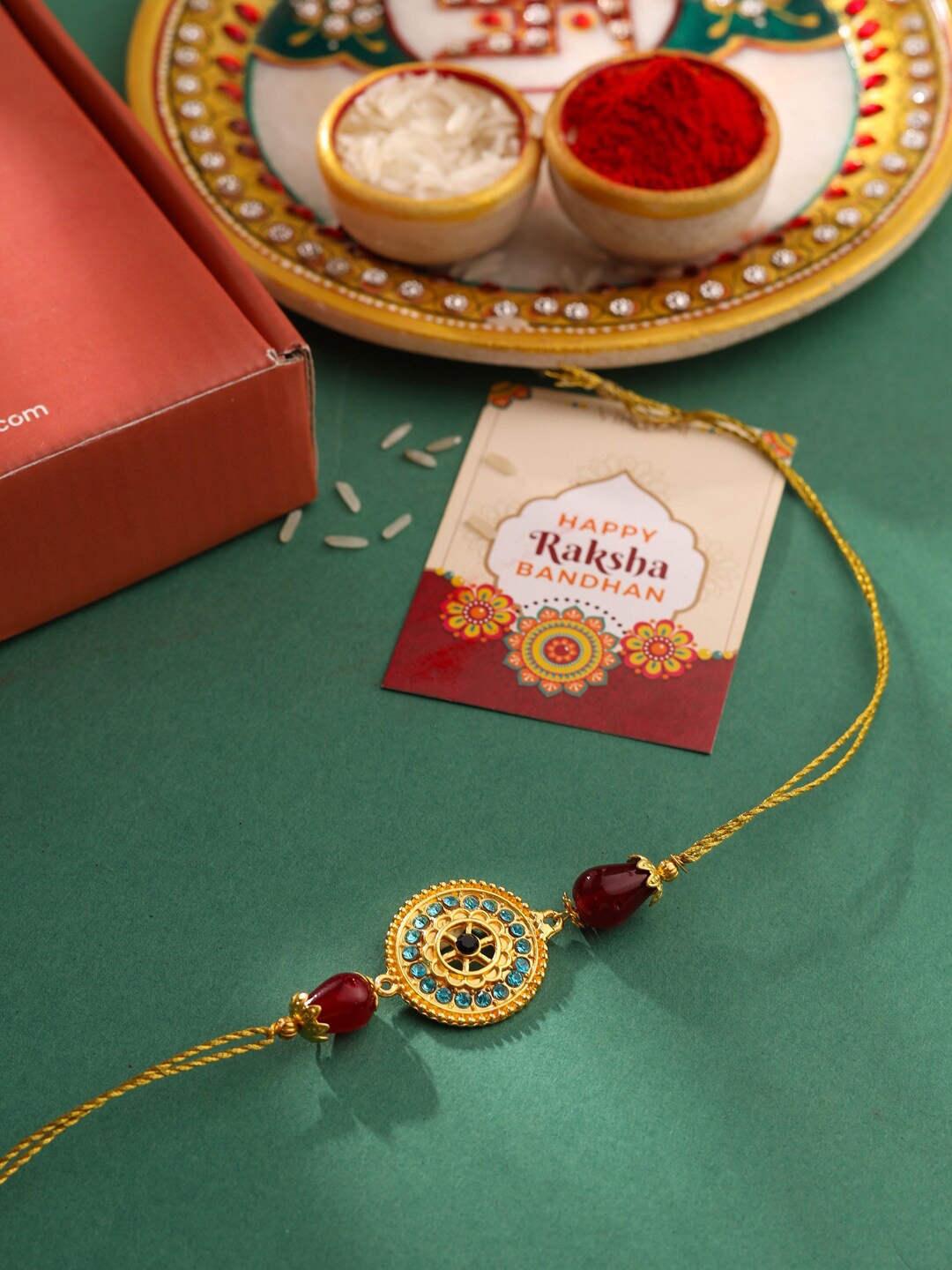 

VIRAASI Gold-Plated Stone Studded Designer Rakhi with Roli Chawal & Card