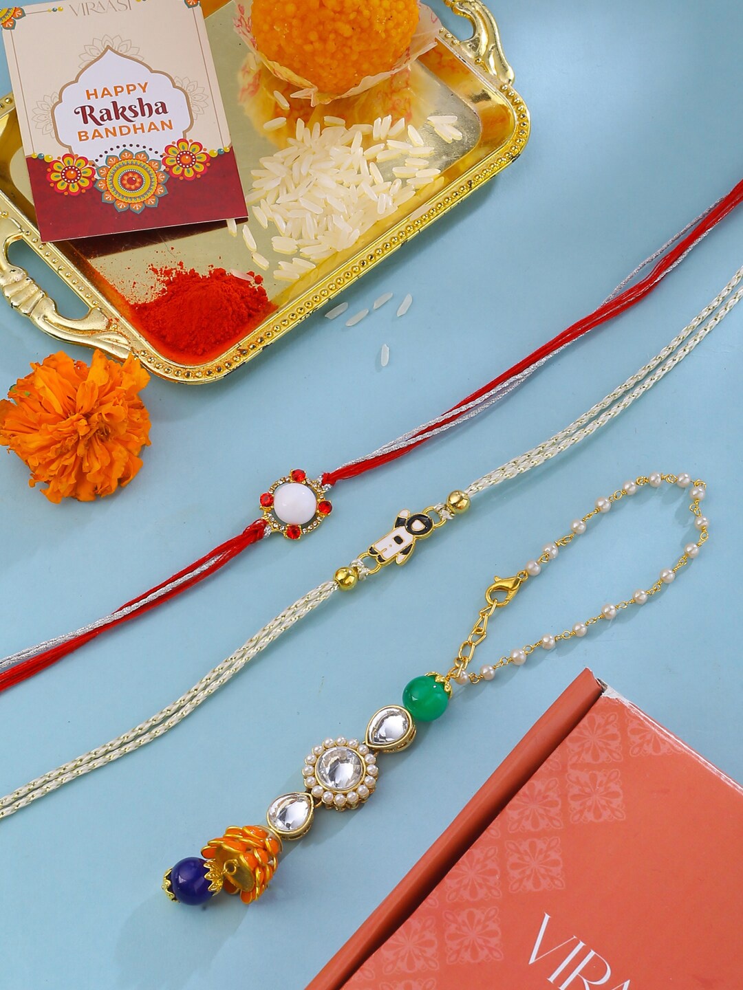 

VIRAASI Bhaiya Bhabhi Rakhi with 1 Kids Rakhi with Roli Chawal & Card, Gold