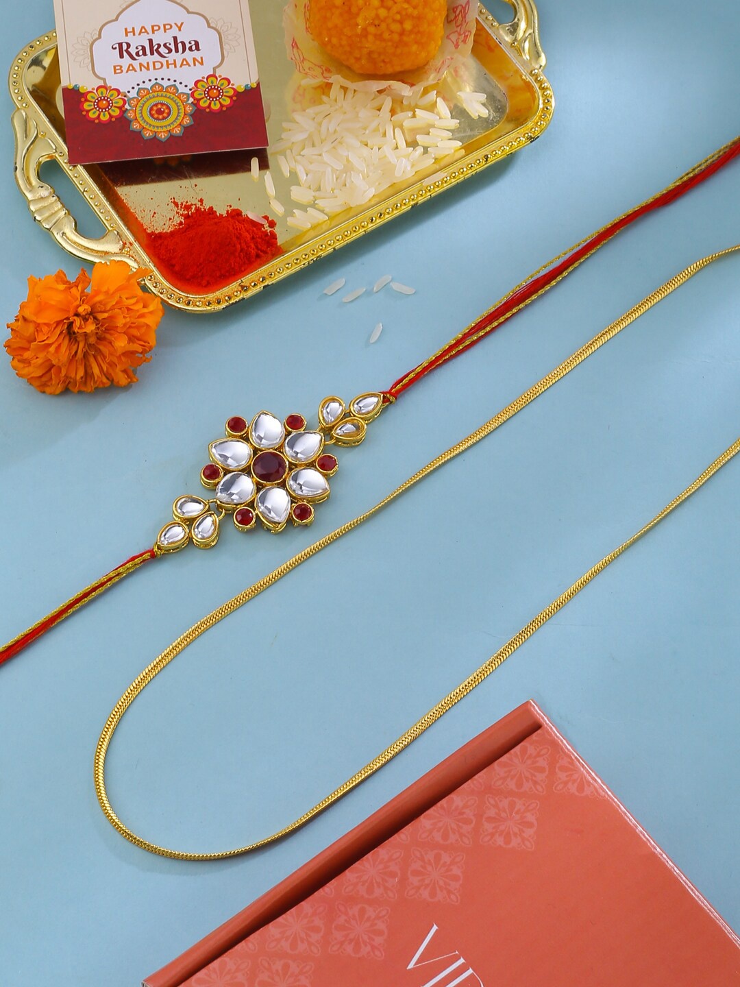 

VIRAASI Men Kundan Rakhi with Gold Plated Chain Gift