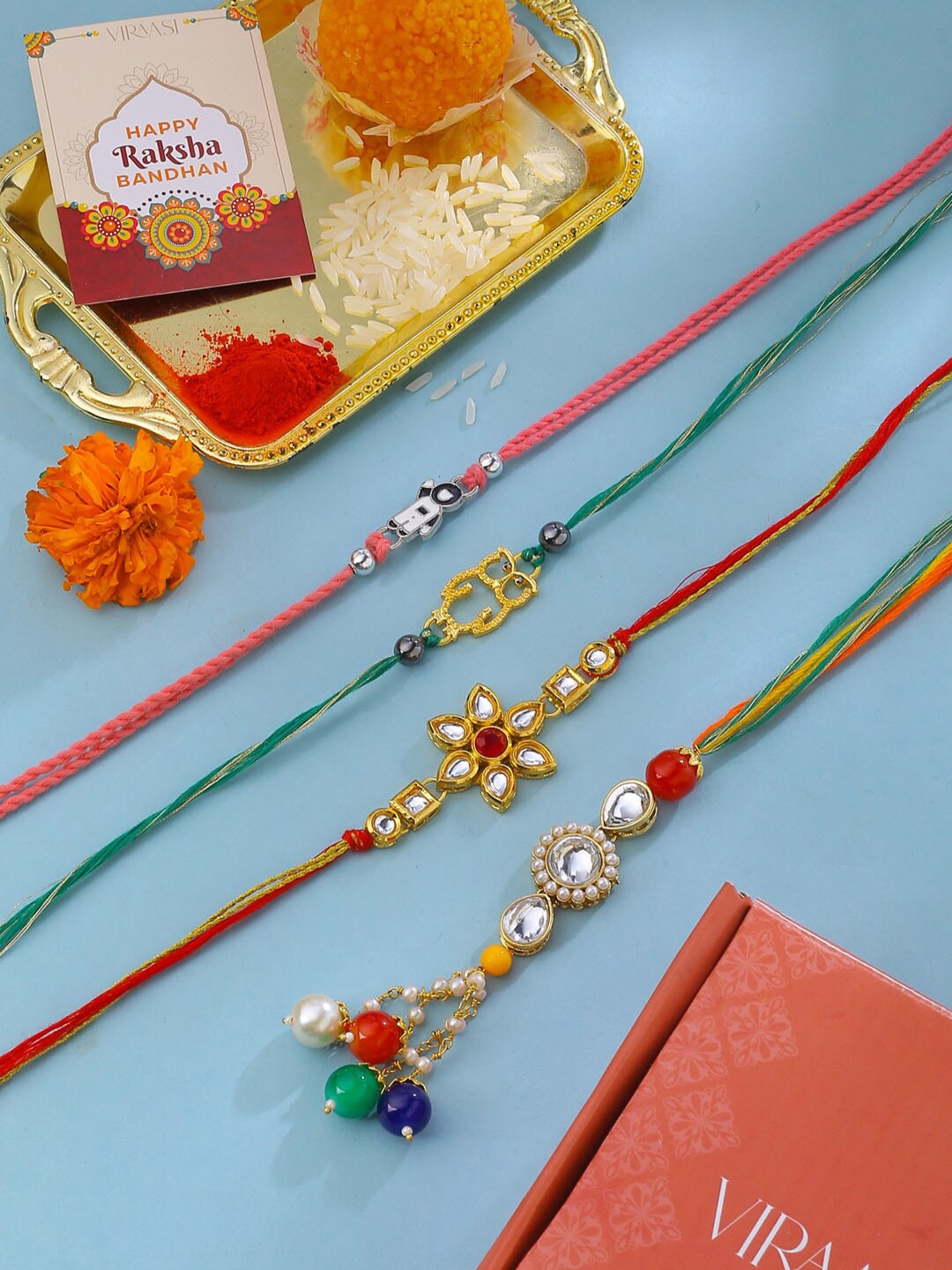 

VIRAASI Set of 4 Rakhi With Roli Chawal & Card Combo, Gold