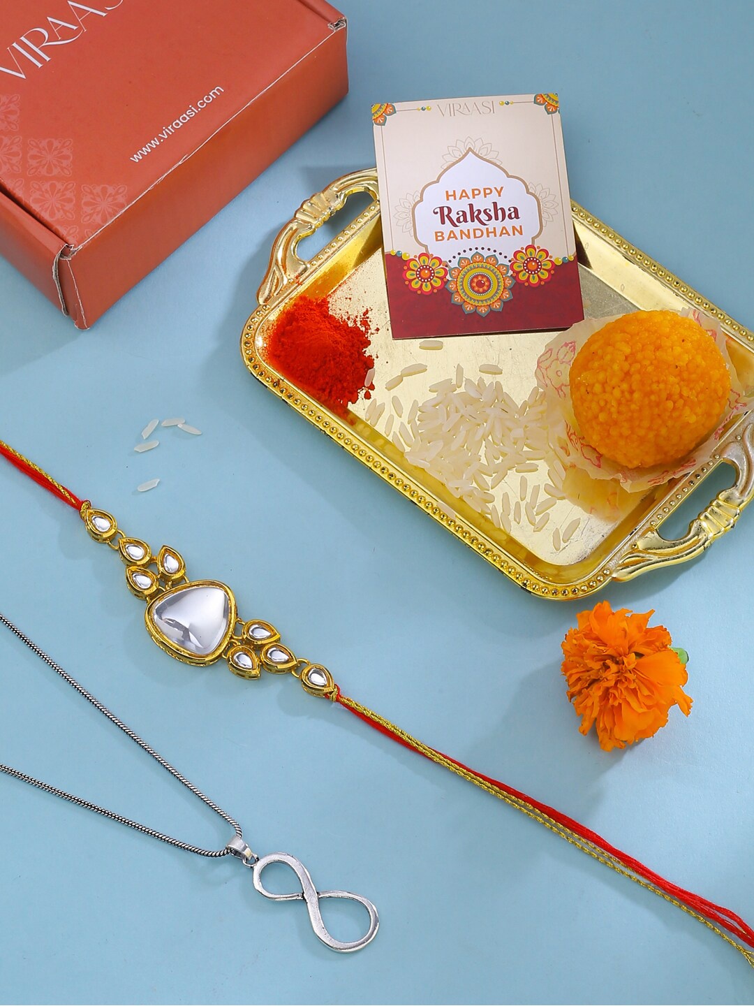 

VIRAASI Boys Kundan Rakhi Gift Set with Infinity Pendant, Gold