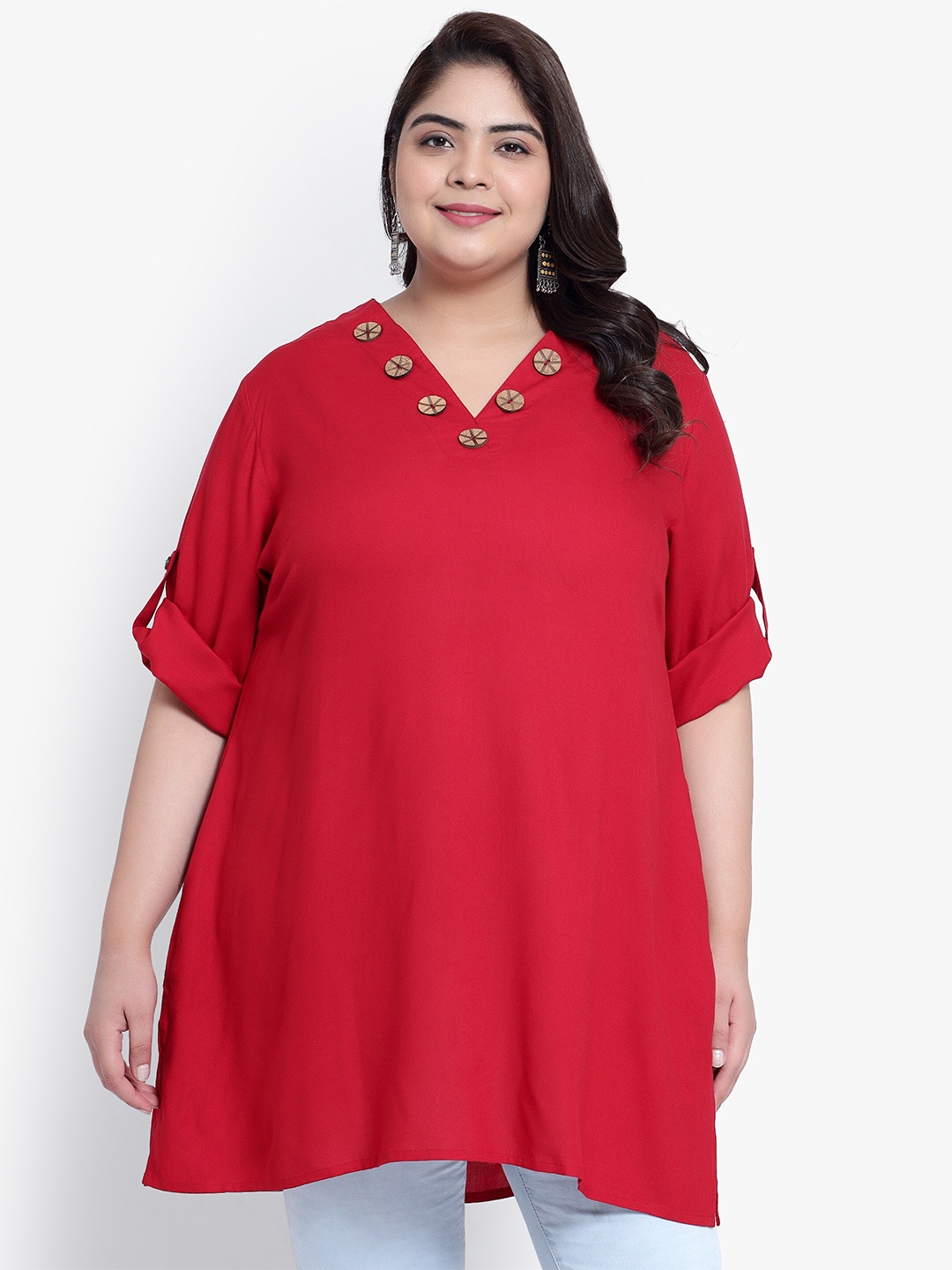

Indietoga Women Solid V-Neck Plus Size Casual Longline Tunic, Red