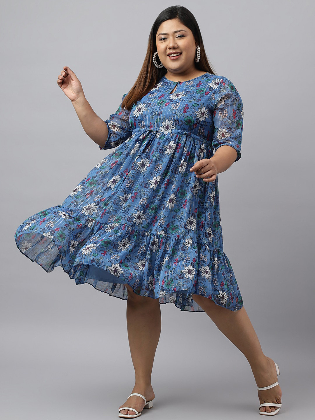 

XL LOVE by Janasya Plus Size Floral Printed Gathered Georgette Fit &Flare Dress, Blue