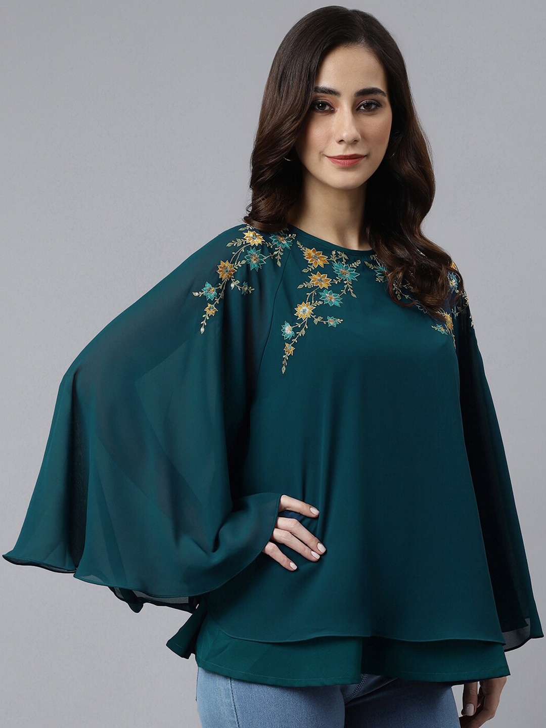 

Janasya Embellished Flared Sleeve A-Line Georgette Top, Teal