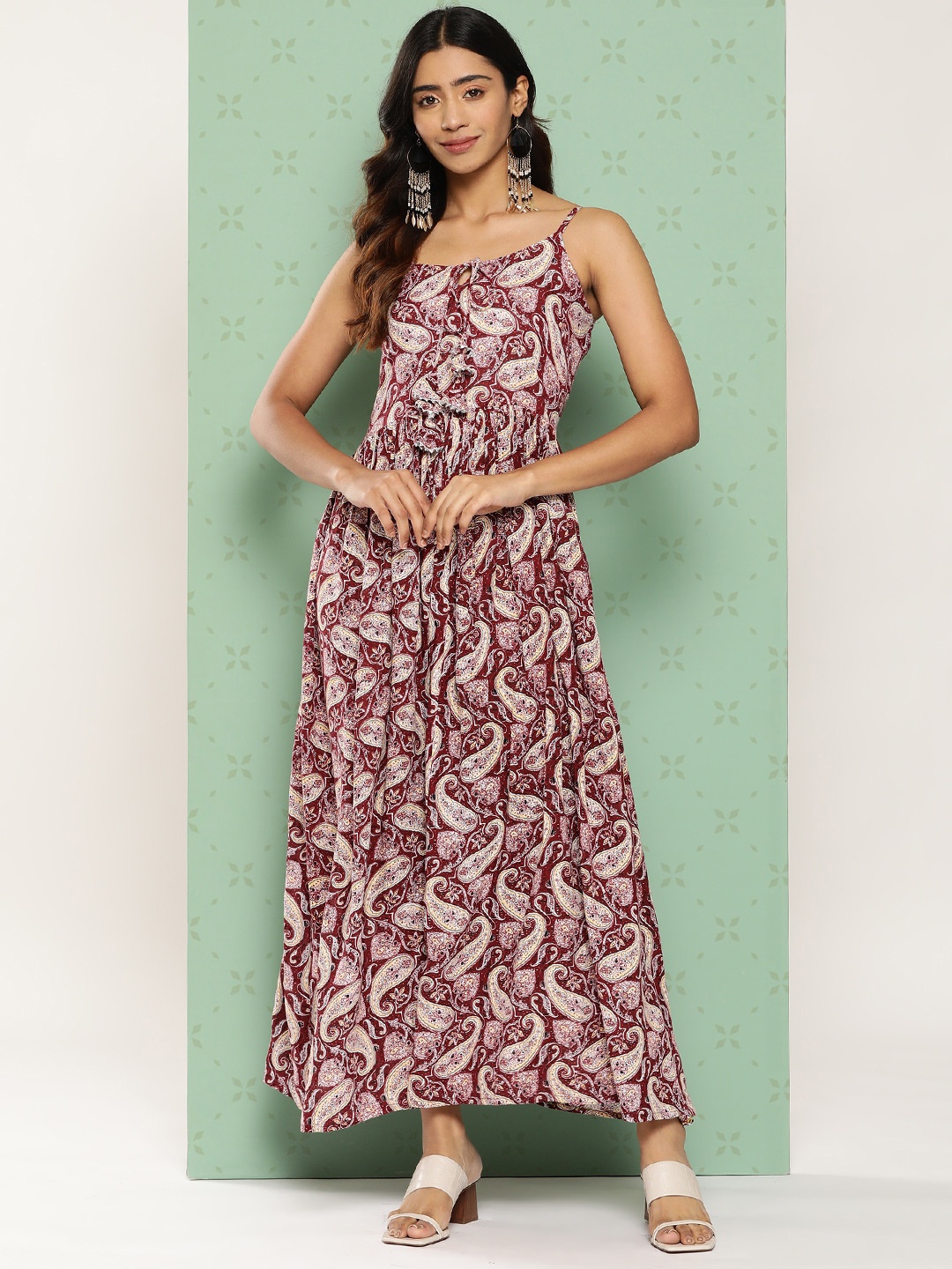 

OMASK Floral Printed Tie-Ups Detail Fit & Flare Maxi Dress, Maroon