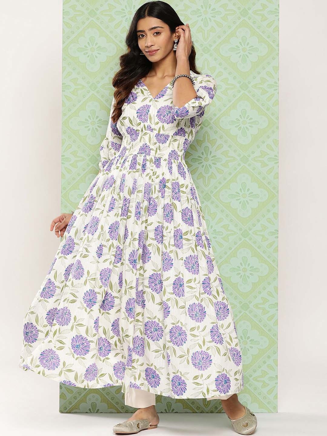 

OMASK Floral Printed Panelled Anarkali Kurta, White