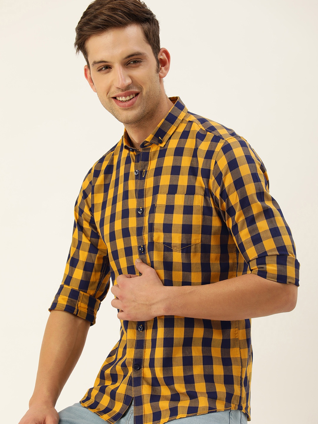 

Mast & Harbour Men Standard Opaque Checked Casual Shirt, Yellow