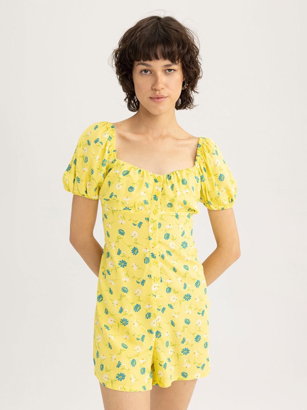 

DeFacto Floral Printed Sweetheart Neck Playsuit, Yellow