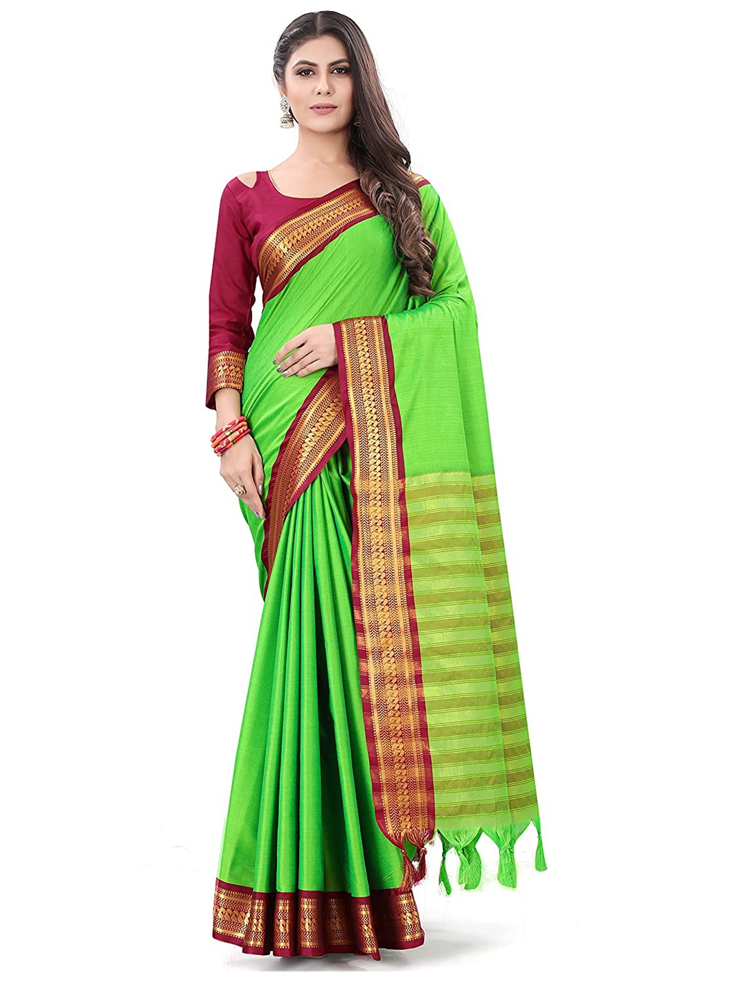 

MAGMINA Zari Silk Cotton Banarasi Saree, Green