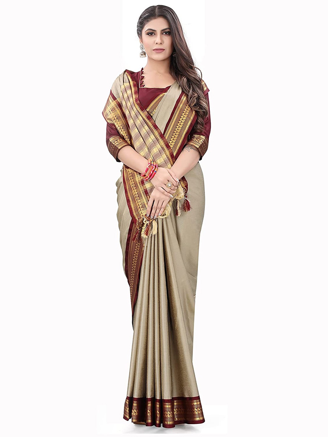 

MAGMINA Zari Silk Cotton Banarasi Saree, Cream