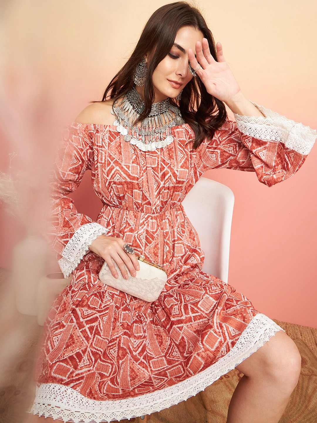 

Sangria Geometric Printed Off-Shoulder Cotton Fit & Flare Ethnic Dress, Rust