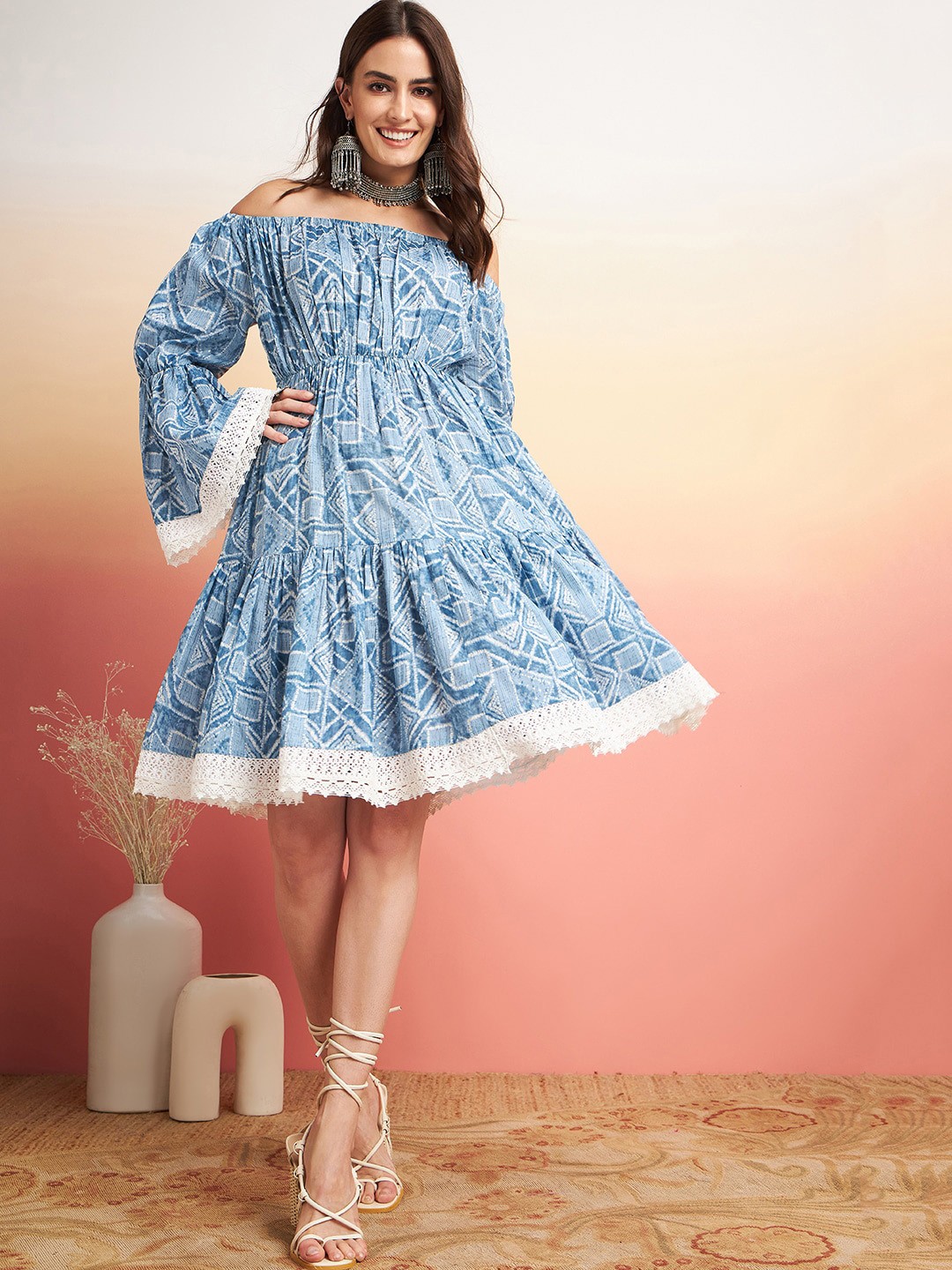 

Sangria Geometric Printed Off-Shoulder Cotton Fit & Flare Ethnic Dress, Blue