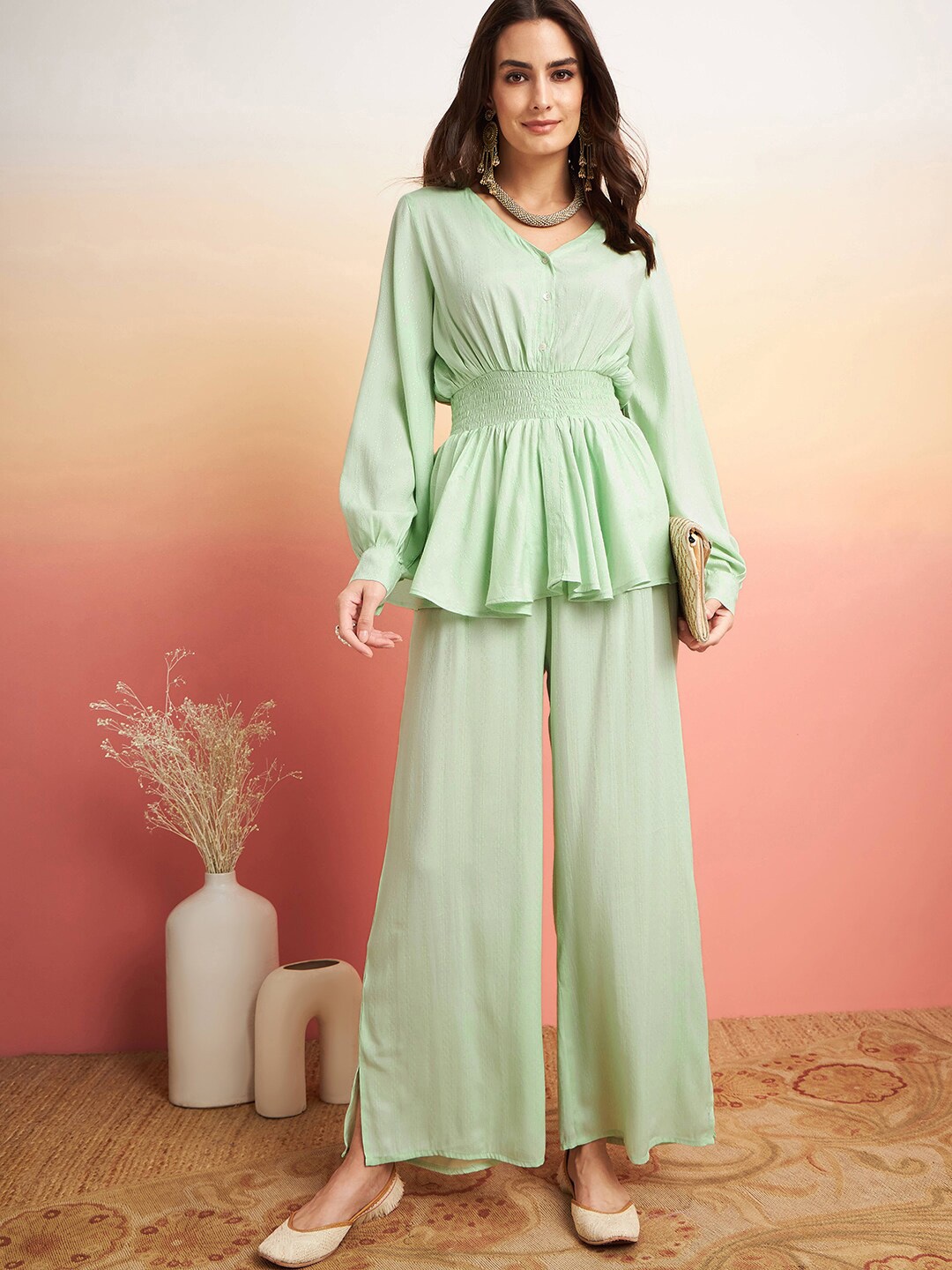 

Sangria Printed V-Neck Cuffed Sleeves Smocking Detail Top With Palazzo Co-Ords, Green