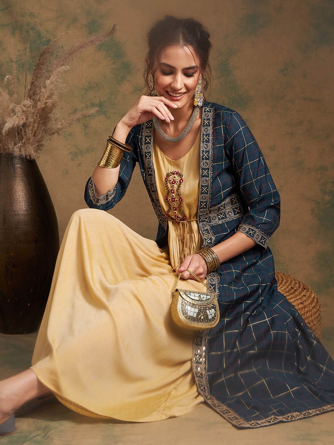 

Sangria Ethnic Motifs Printed Fit &Flare Embroidered Kurta With Longline Shrug, Gold