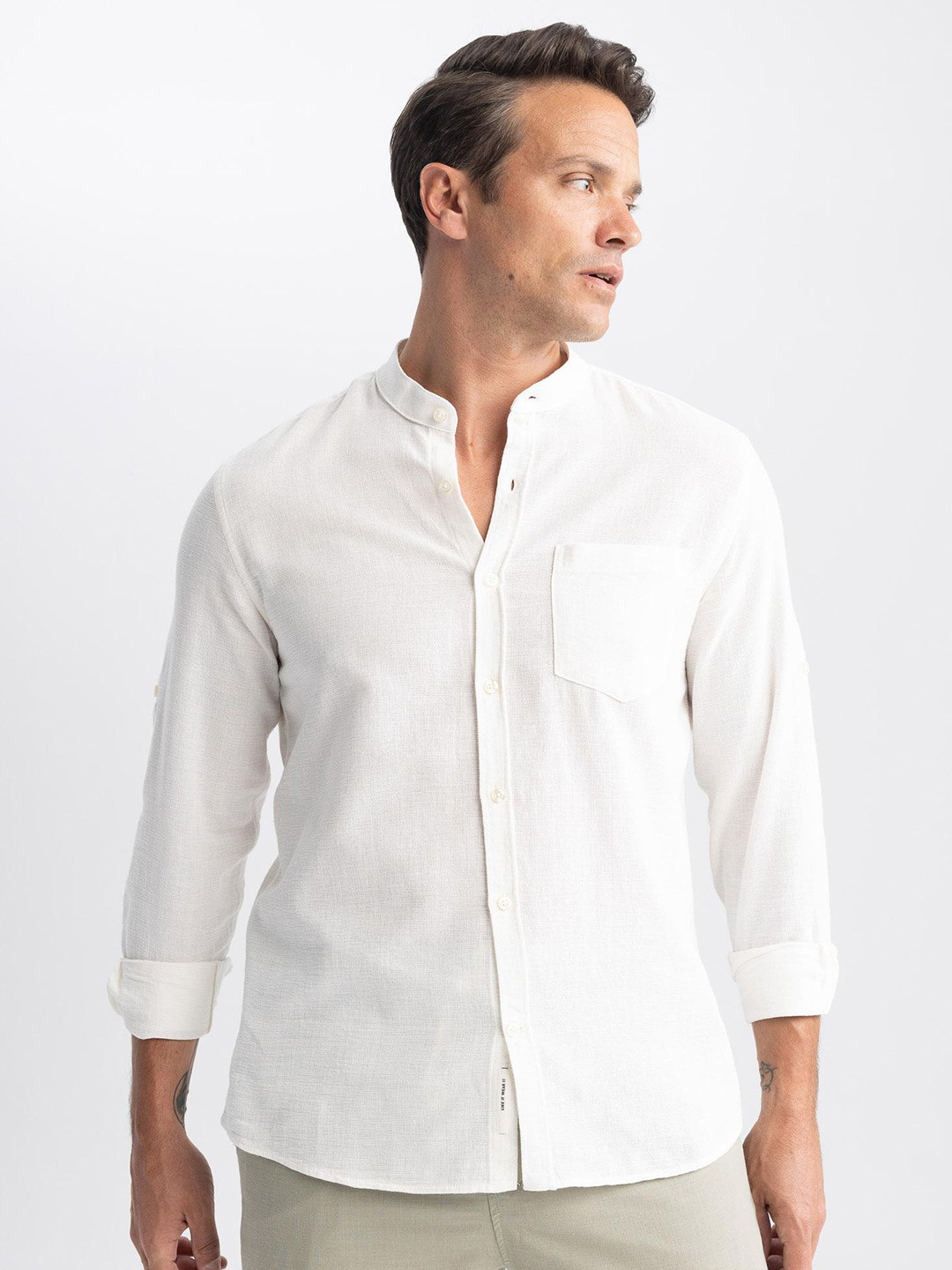 

DeFacto Mandarin Collar Opaque Casual Pure Cotton Shirt, Na
