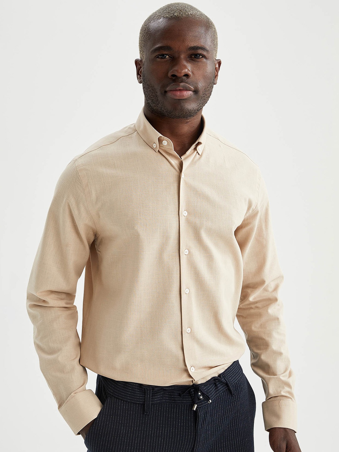 

DeFacto Button-Down Collar Cotton Casual Shirt, Beige