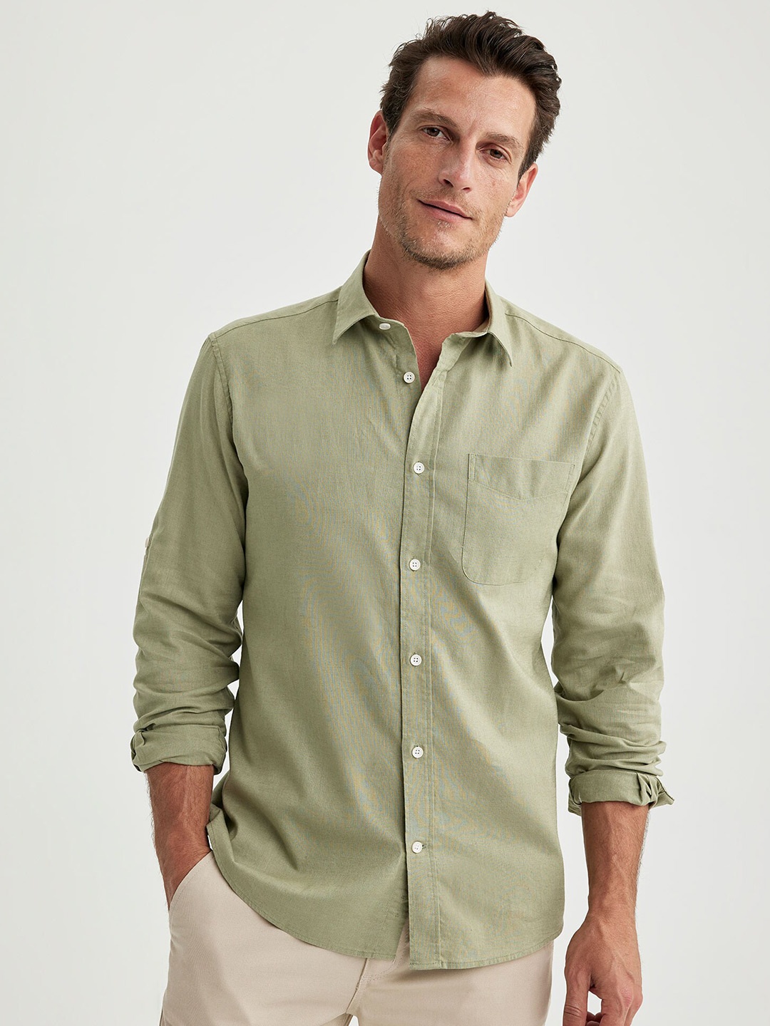 

DeFacto Cotton Linen Casual Shirt, Sea green