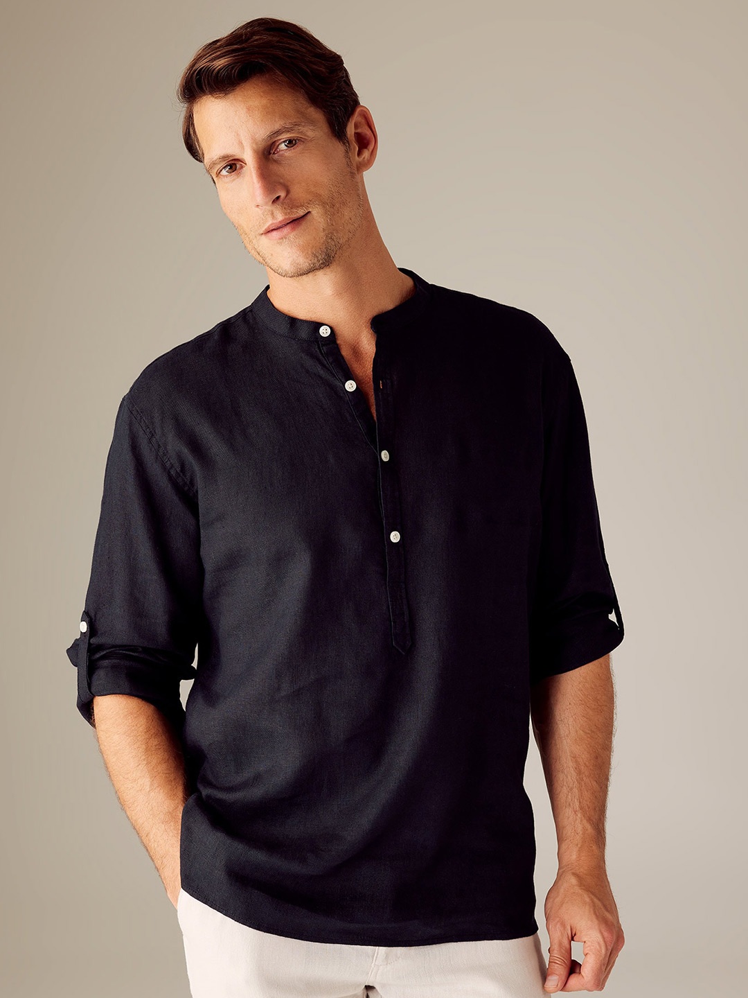 

DeFacto Band Collar Linen Casual Shirt, Black