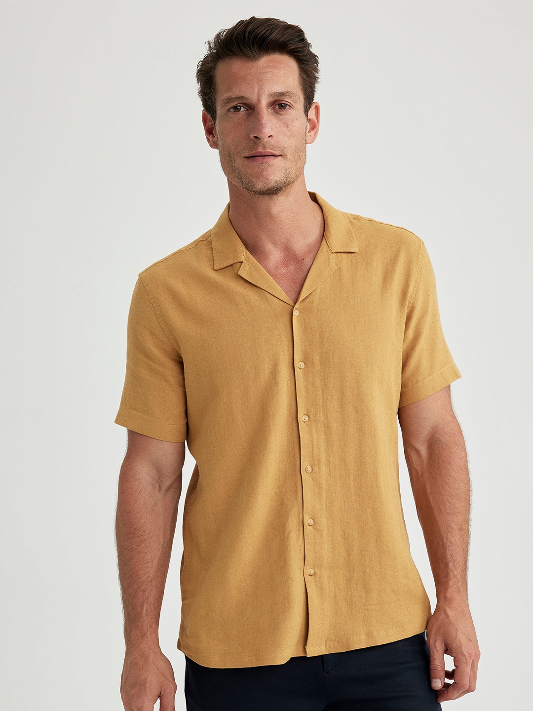 

DeFacto Cuban Collar Linen Casual Shirt, Mustard