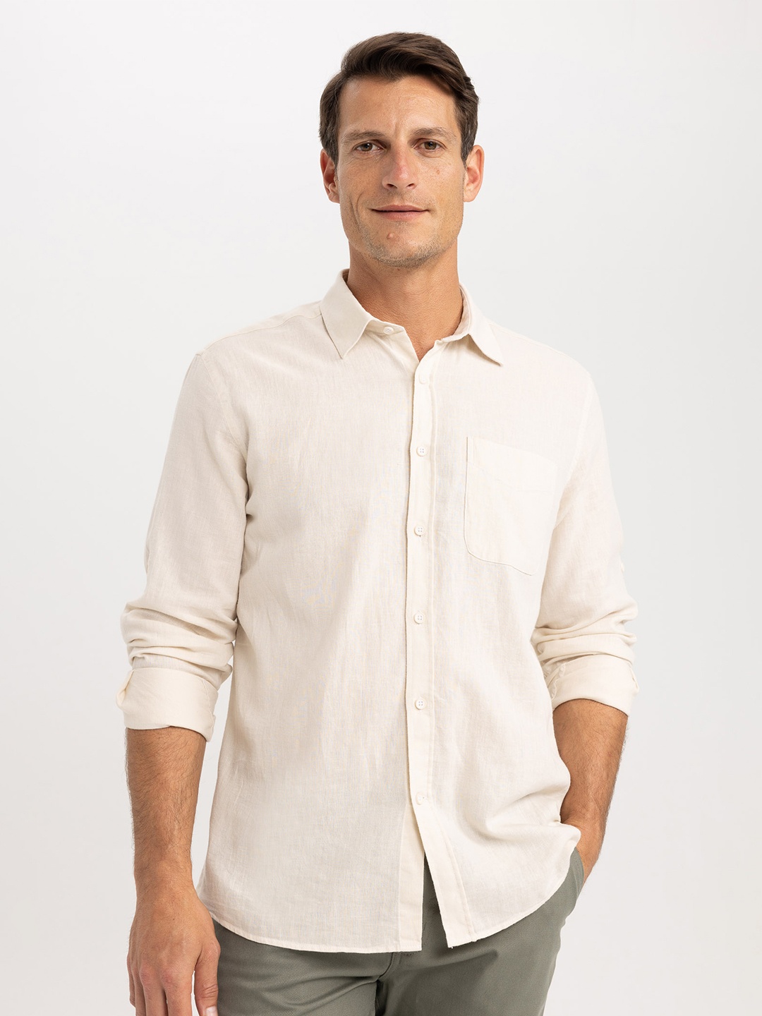 

DeFacto Spread Collar Cotton Casual Shirt, Beige