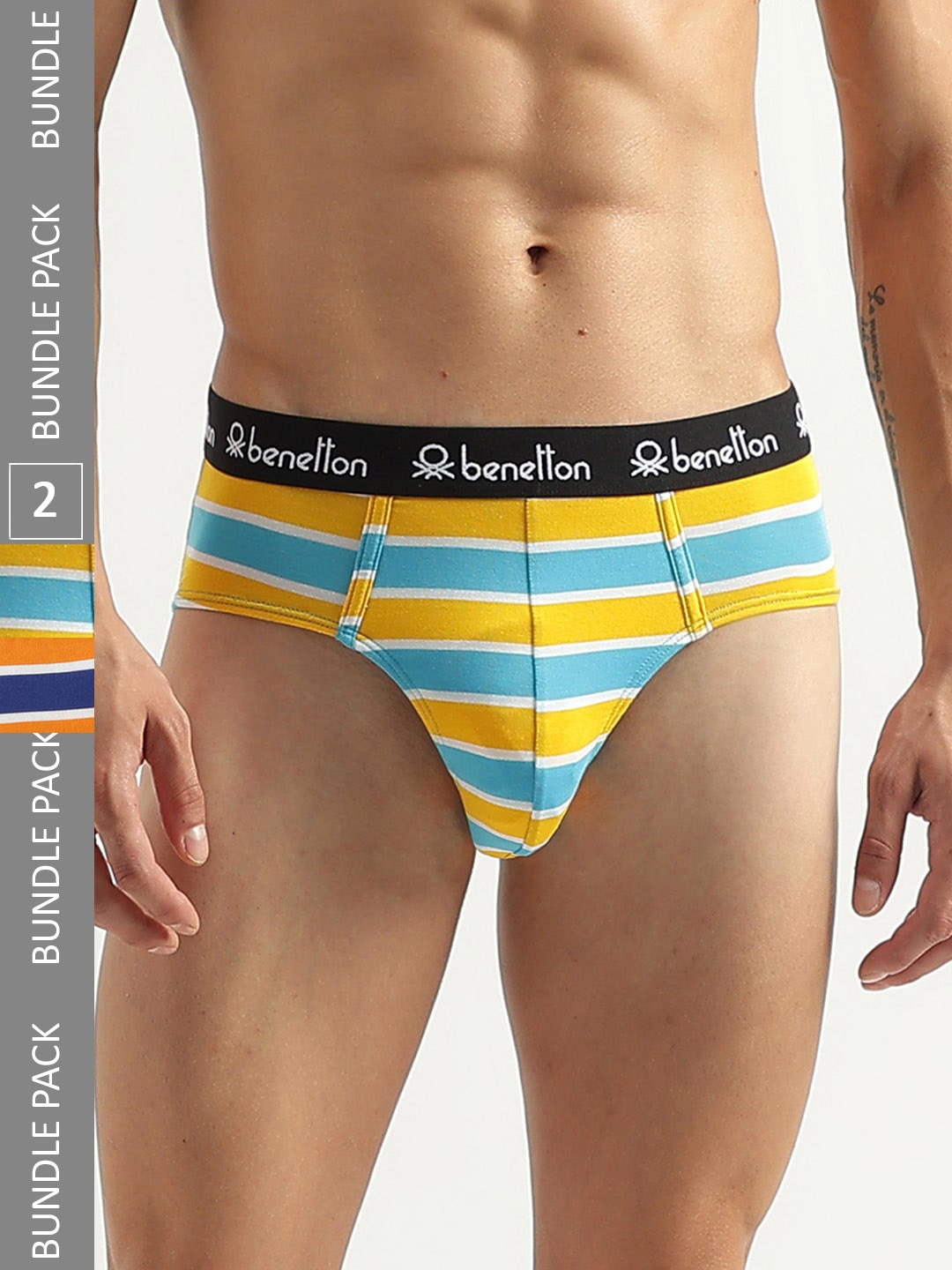 

United Colors of Benetton Pack of 2 Striped Low Rise Basic Briefs 23P3MENUC149I902S, Blue