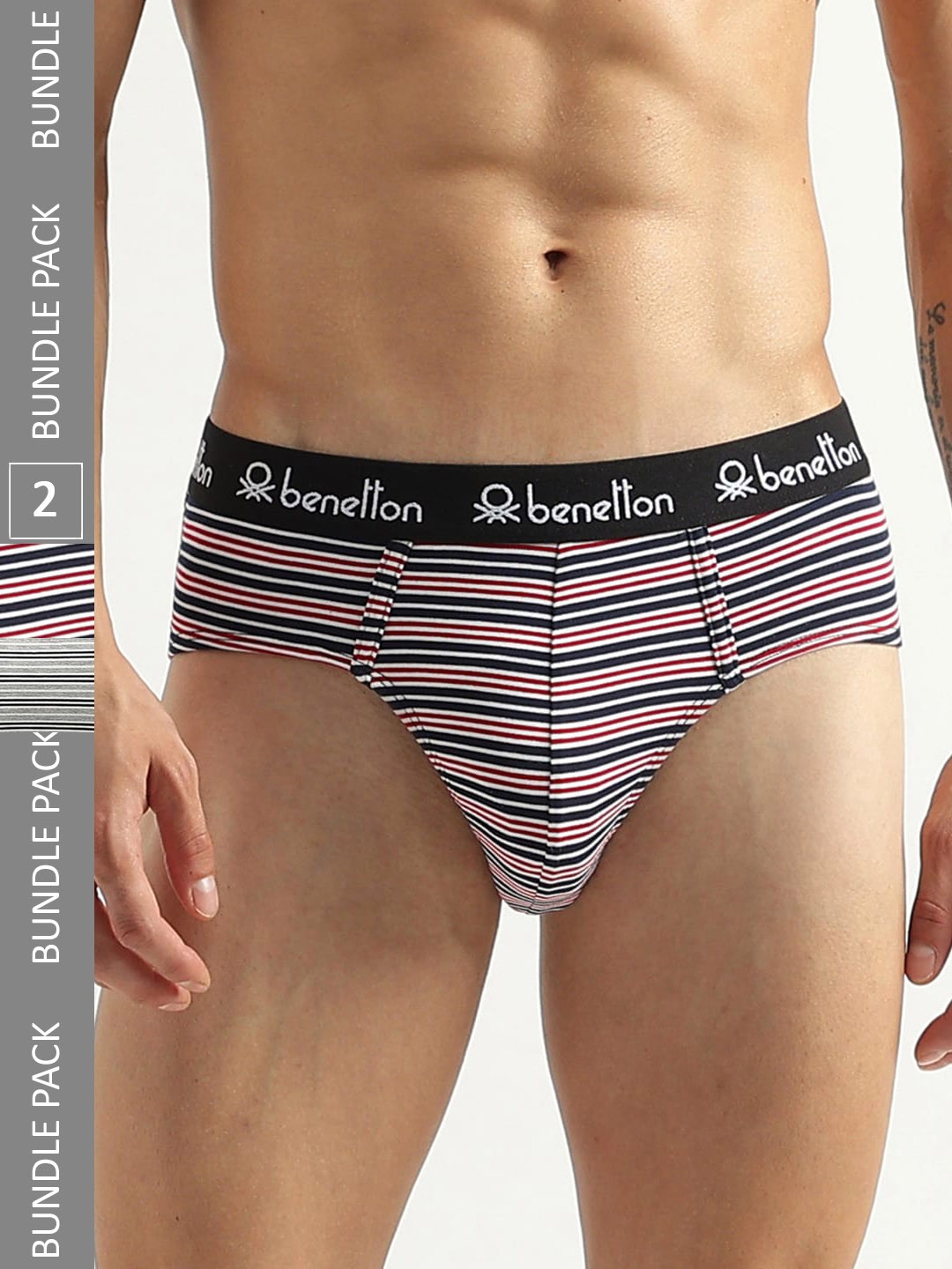 

United Colors of Benetton Pack Of 2 Striped Low-Rise Basic Briefs 23P3MENUC151I901XL, Red