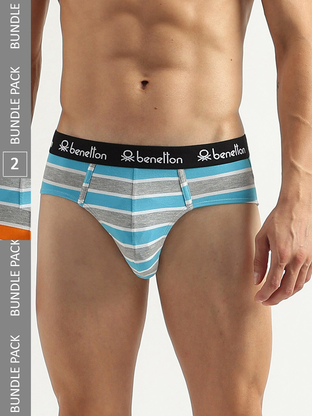 

United Colors of Benetton Pack Of 2 Striped Low Rise Basic Briefs 23P3MENUC149I901XL, Blue