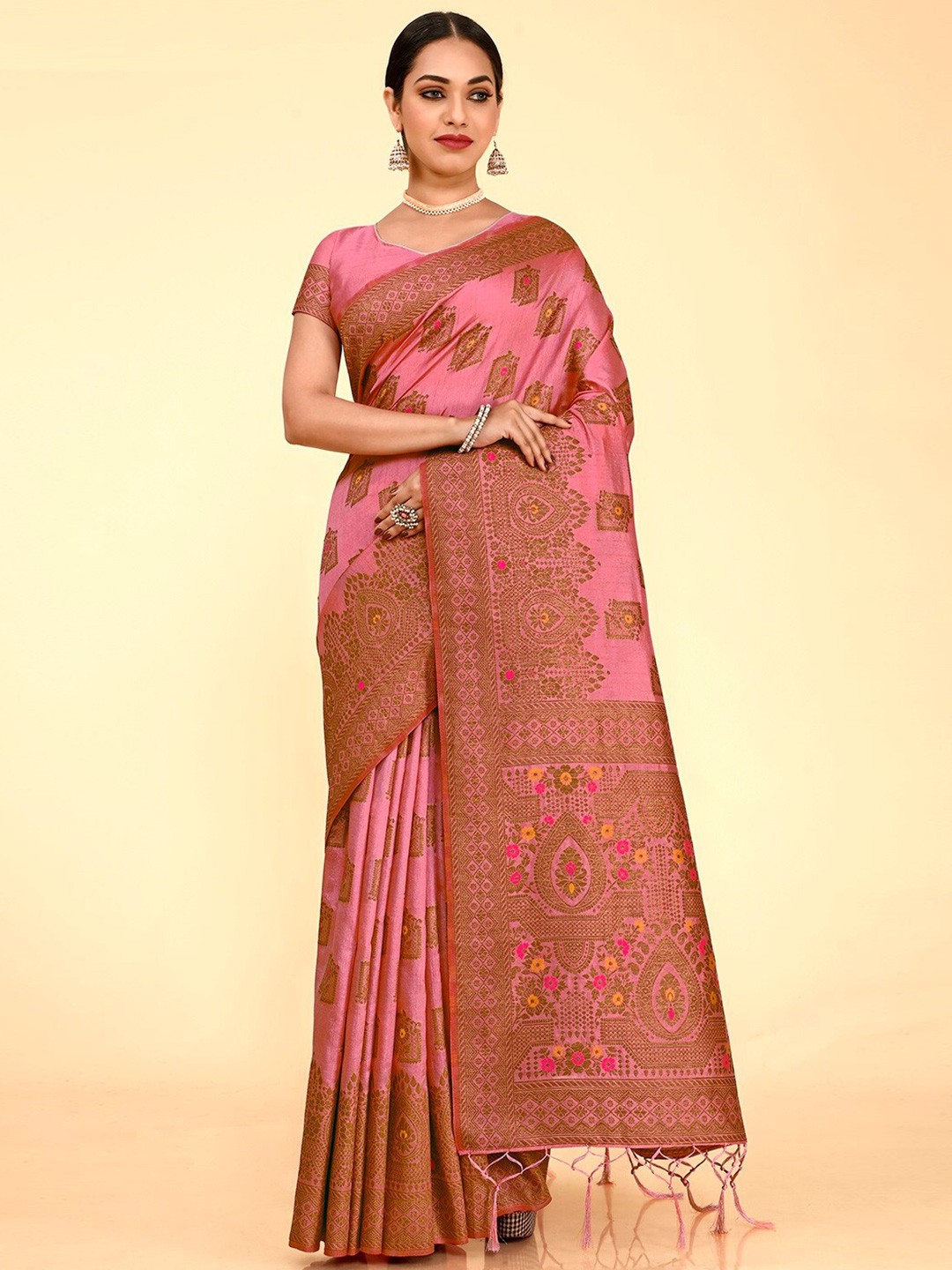 

FLOURIOUS Woven Design Zari Pure Silk Banarasi Saree, Pink