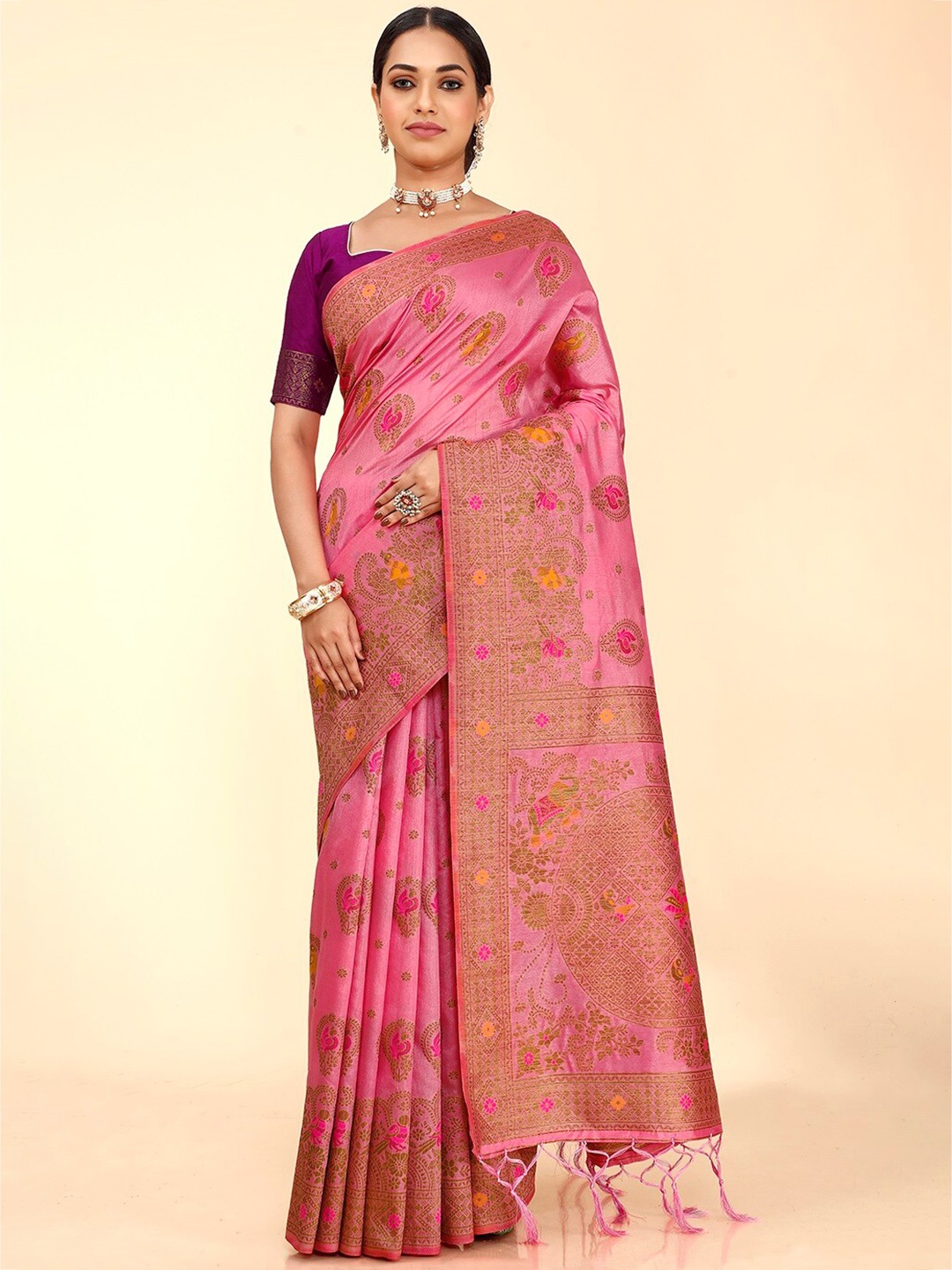 

FLOURIOUS Woven Design Zari Pure Silk Banarasi Saree, Pink