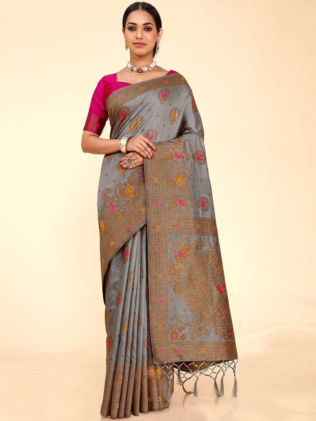 

FLOURIOUS Ethnic Motifs Woven Design Zari Pure Silk Banarasi Saree, Grey