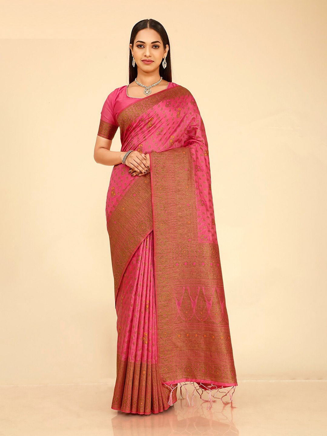 

FLOURIOUS Ethnic Motifs Woven Design Zari Pure Silk Banarasi Saree, Pink