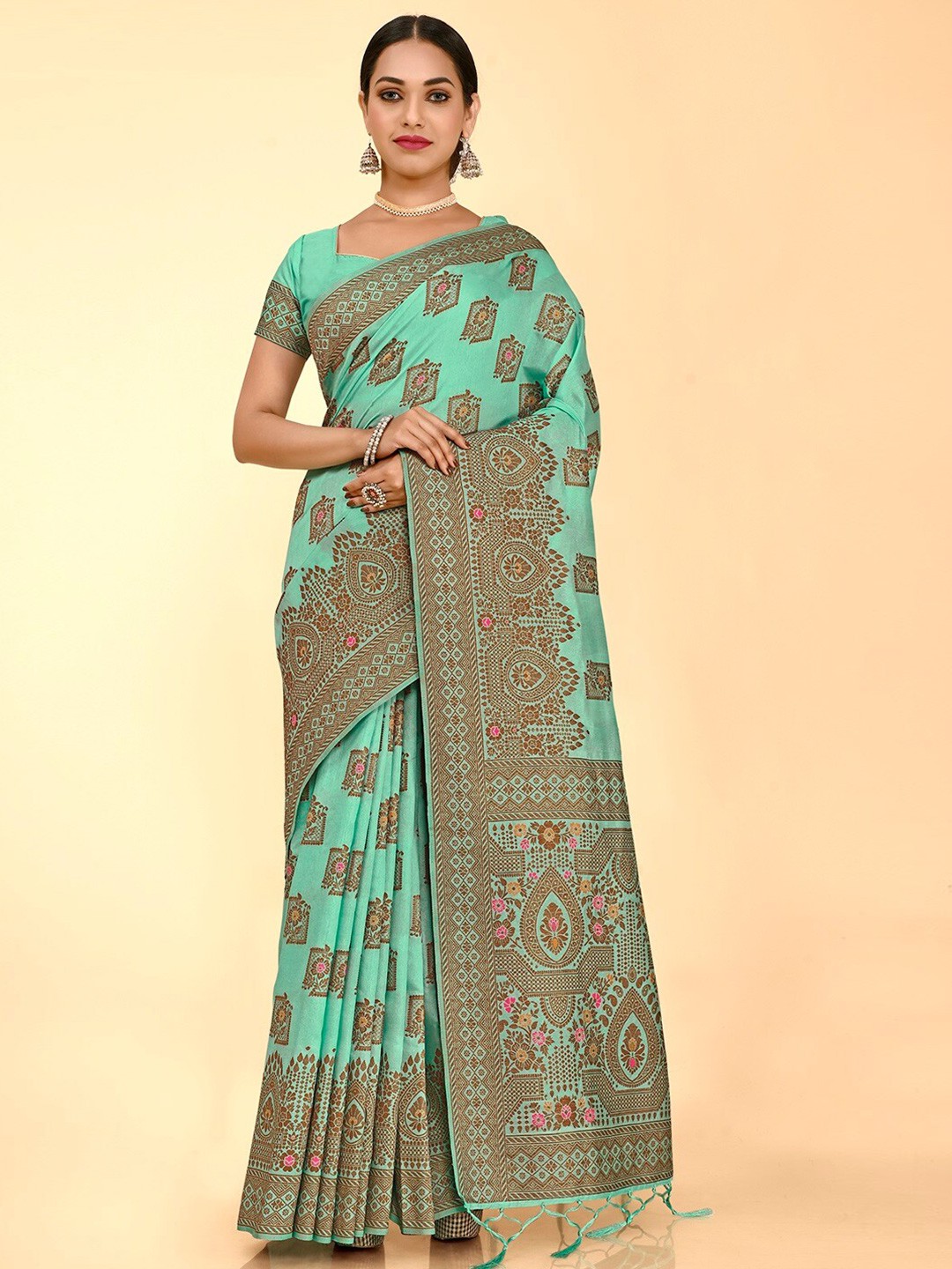

FLOURIOUS Ethnic Motifs Woven Design Zari Pure Silk Banarasi Saree, Turquoise blue