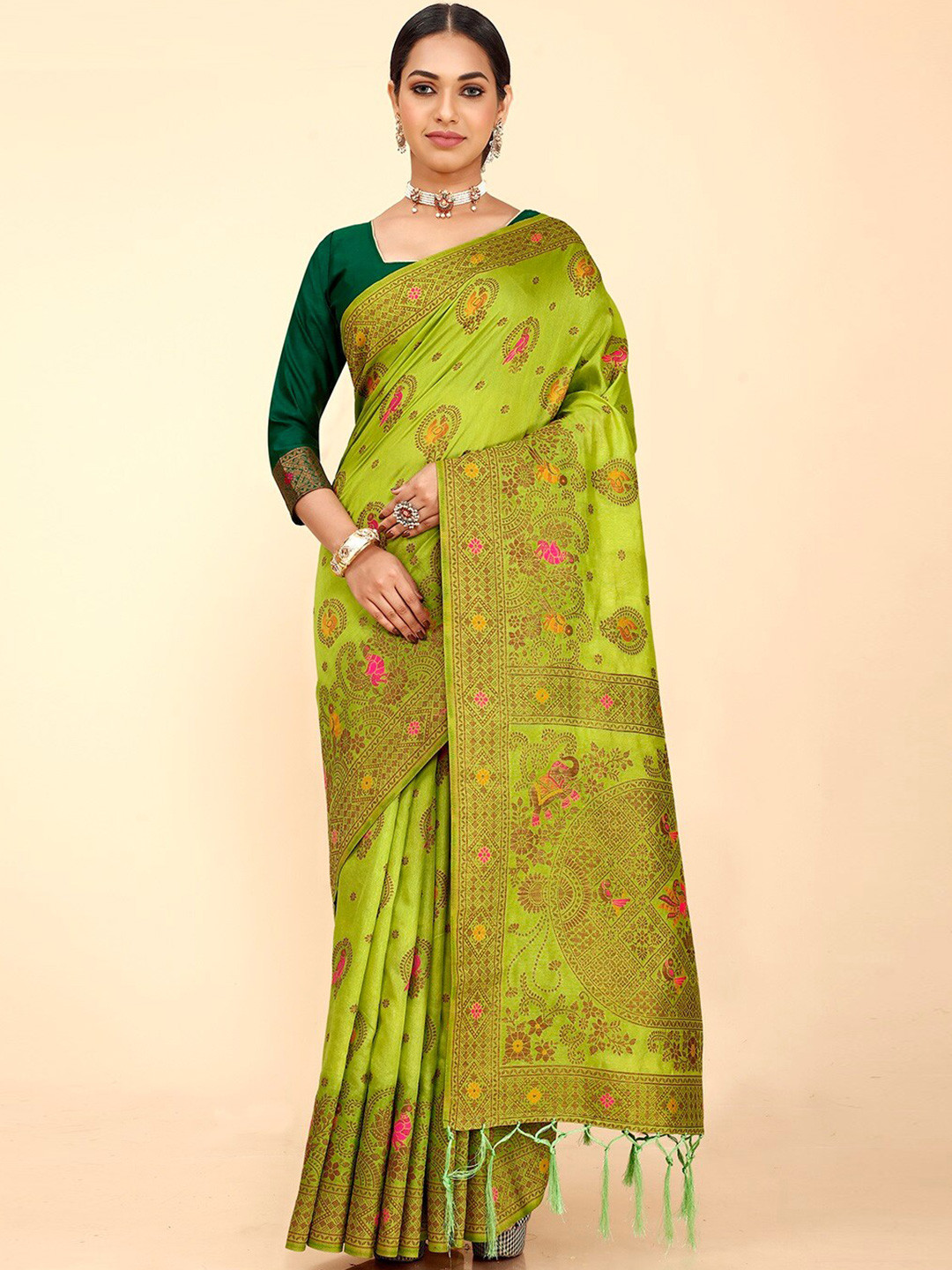 

FLOURIOUS Ethnic Motifs Woven Design Zari Pure Silk Banarasi Saree, Green