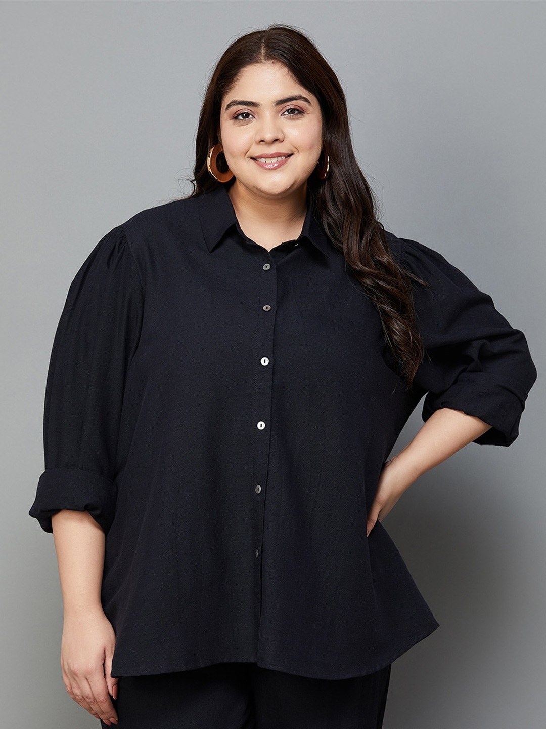 

Nexus by Lifestyle Plus Size Puff Sleeve Shirt Style Top, Black
