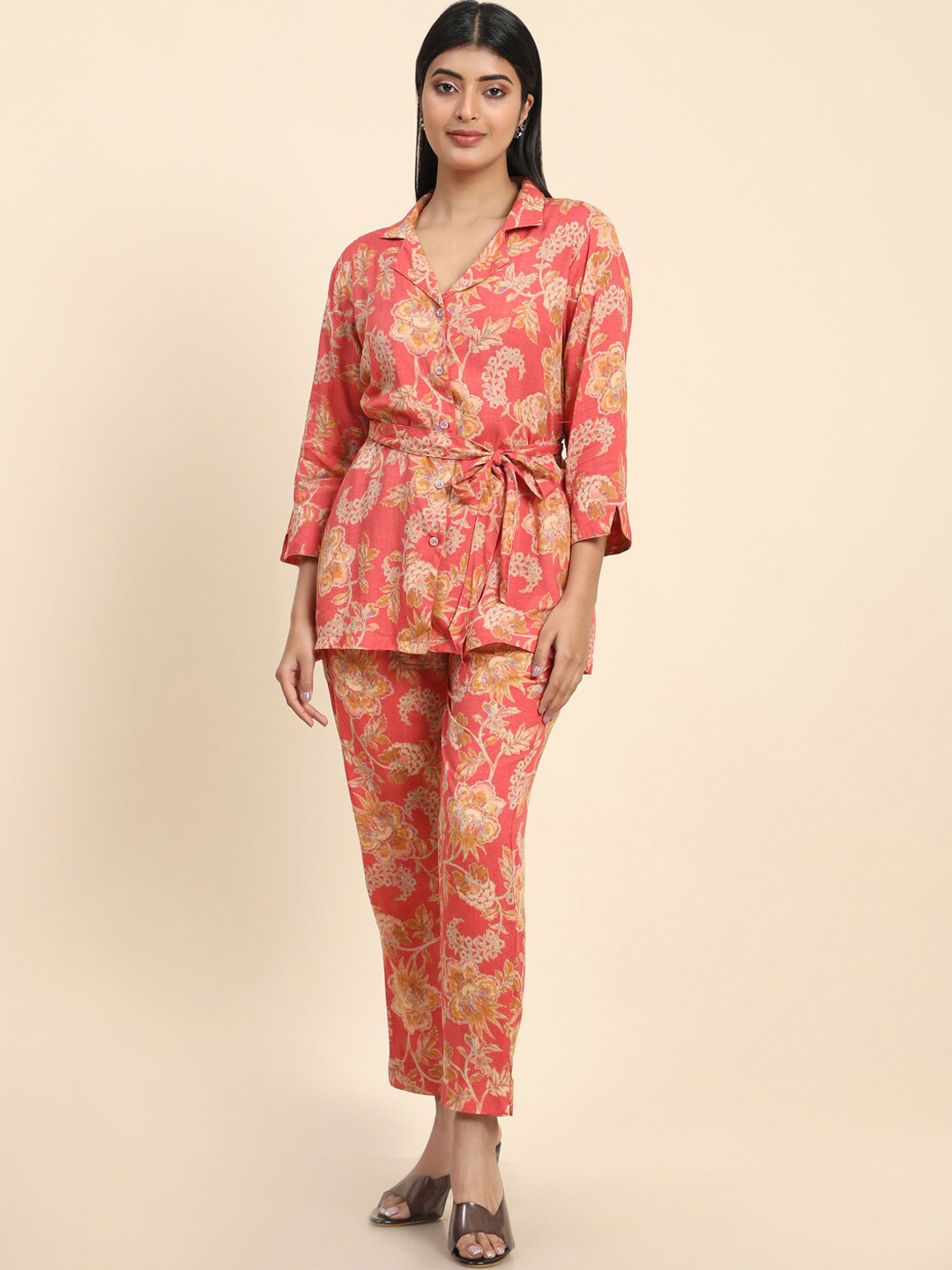 

BAESD Floral Printed Long Sleeve Top With Waist Belt & Trouser Co-Ords Set, Peach