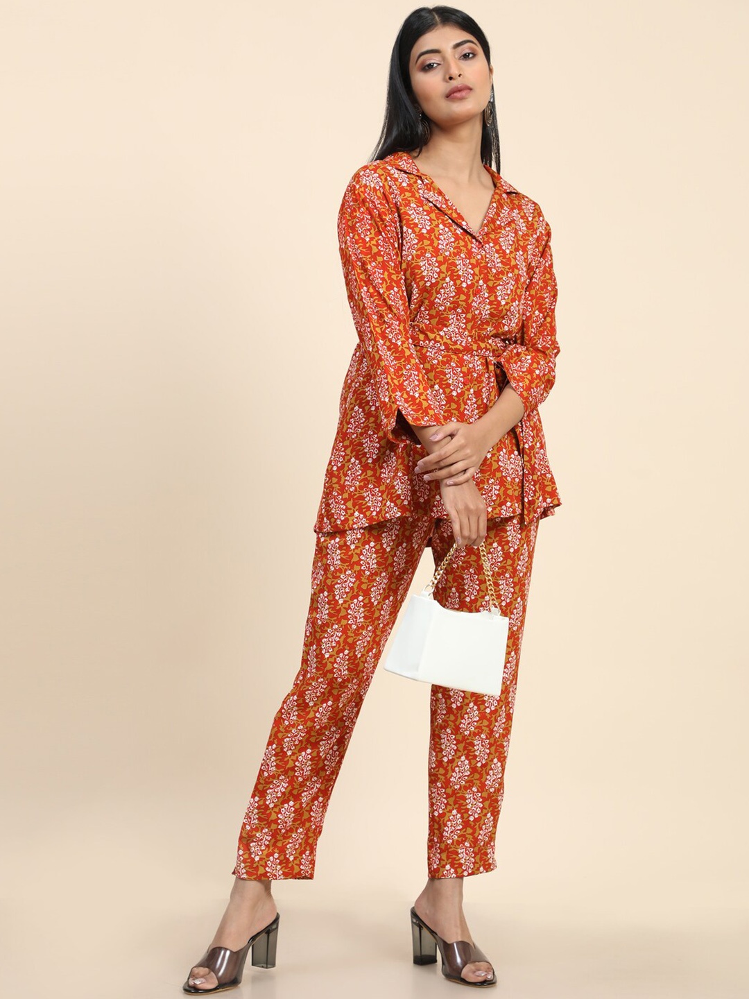 

BAESD Floral Printed Lapel Collar Top & Trousers Co-Ord Set, Orange