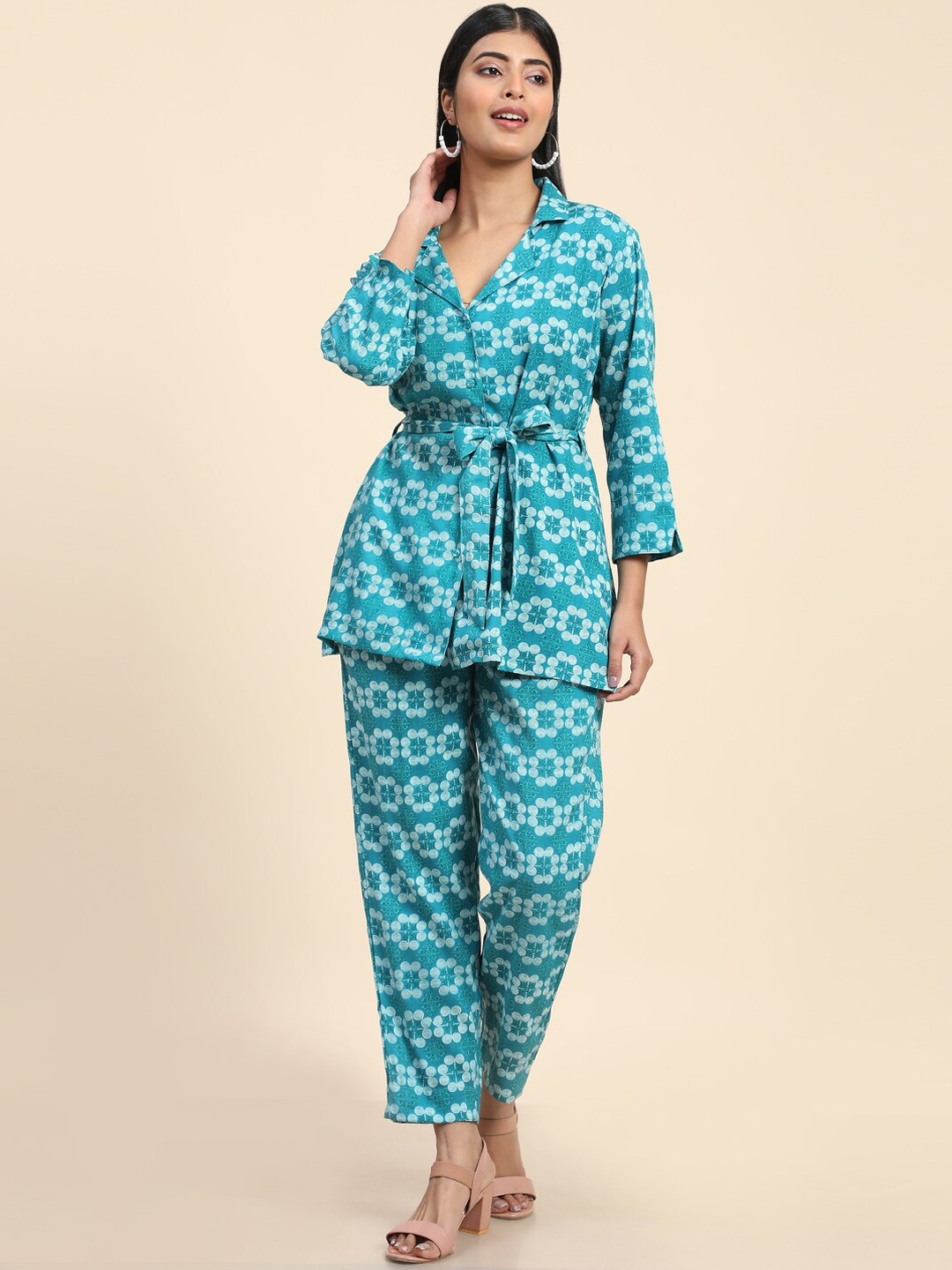 

BAESD Geometric Printed Lapel Collar Top & Trousers Co-Ord Set, Blue