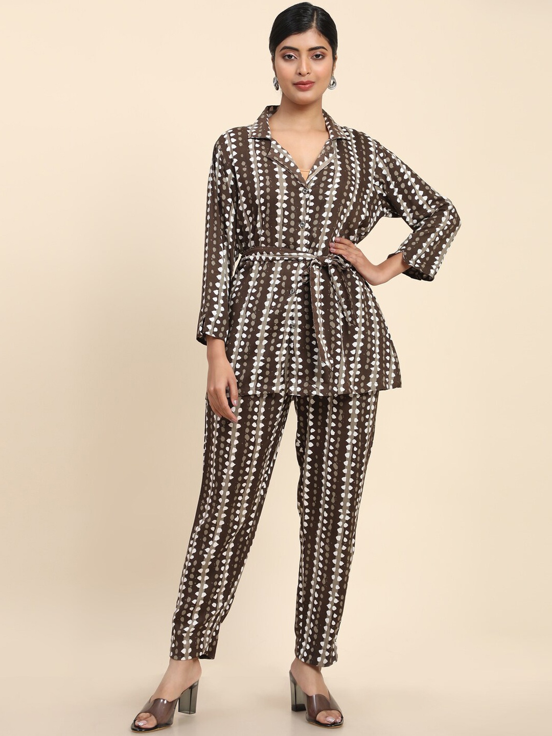 

BAESD Polka Dot Printed Lapel Collar Top & Trousers Co-Ord Set, Brown