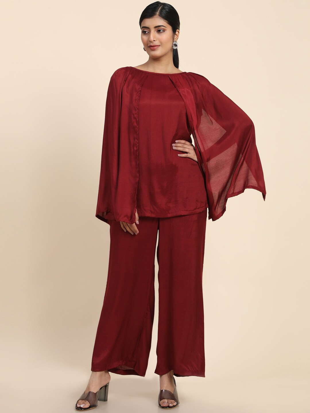 

BAESD Boat Neck Long Sleeves Top & Boot-Cut Wrinkle Free Trousers Co-Ord Set, Maroon