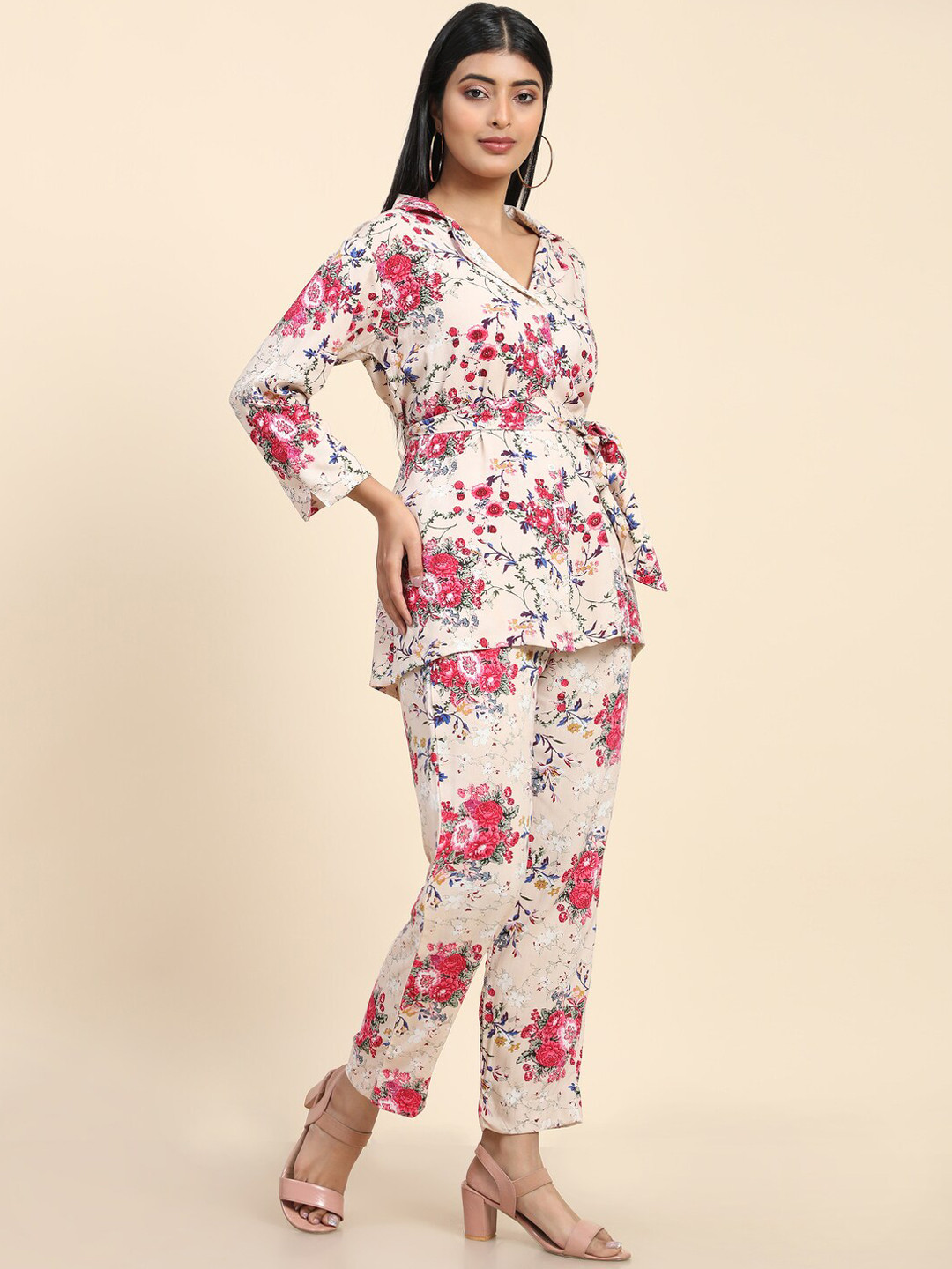 

BAESD Floral Printed Lapel Collar Top & Boot-Cut Wrinkle Free Trousers Pant Co-Ord Set, Cream