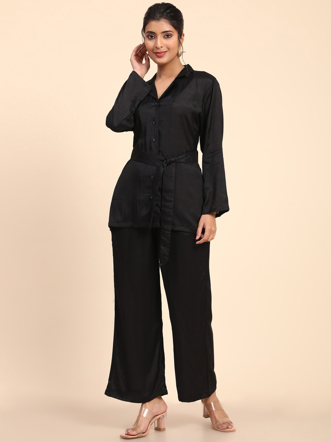 

BAESD Lapel Collar Top & Boot-Cut Wrinkle Free Trousers Pant Co-Ord Set, Black