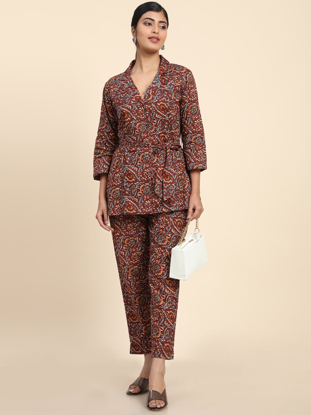 

BAESD Ethnic Printed Lapel Collar Top & Boot-Cut Wrinkle Free Trousers Pant Co-Ord Set, Brown