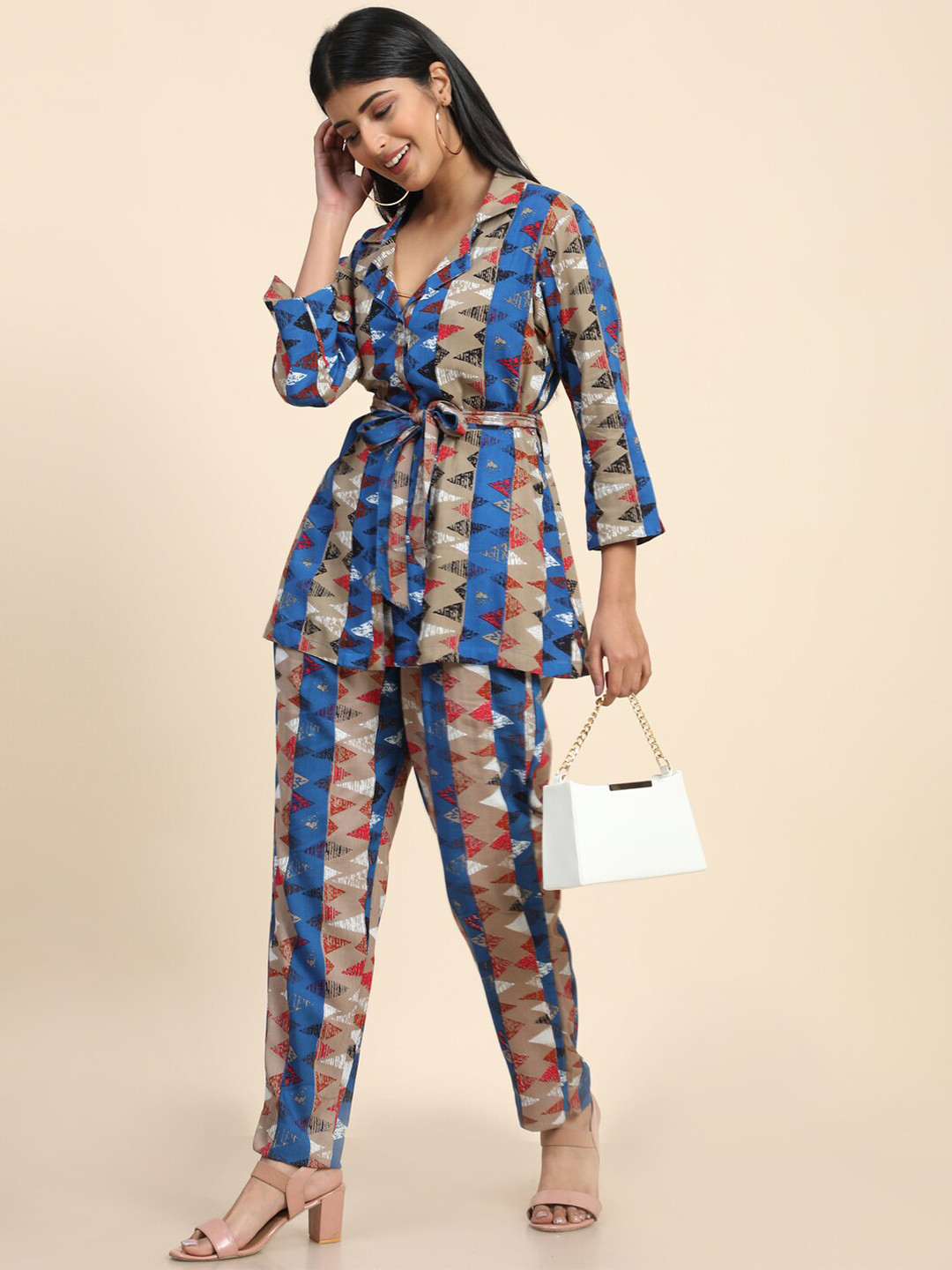 

BAESD Geometric Printed Lapel Collar Top & Boot-Cut Wrinkle Free Trousers Pant Co-Ord Set, Blue