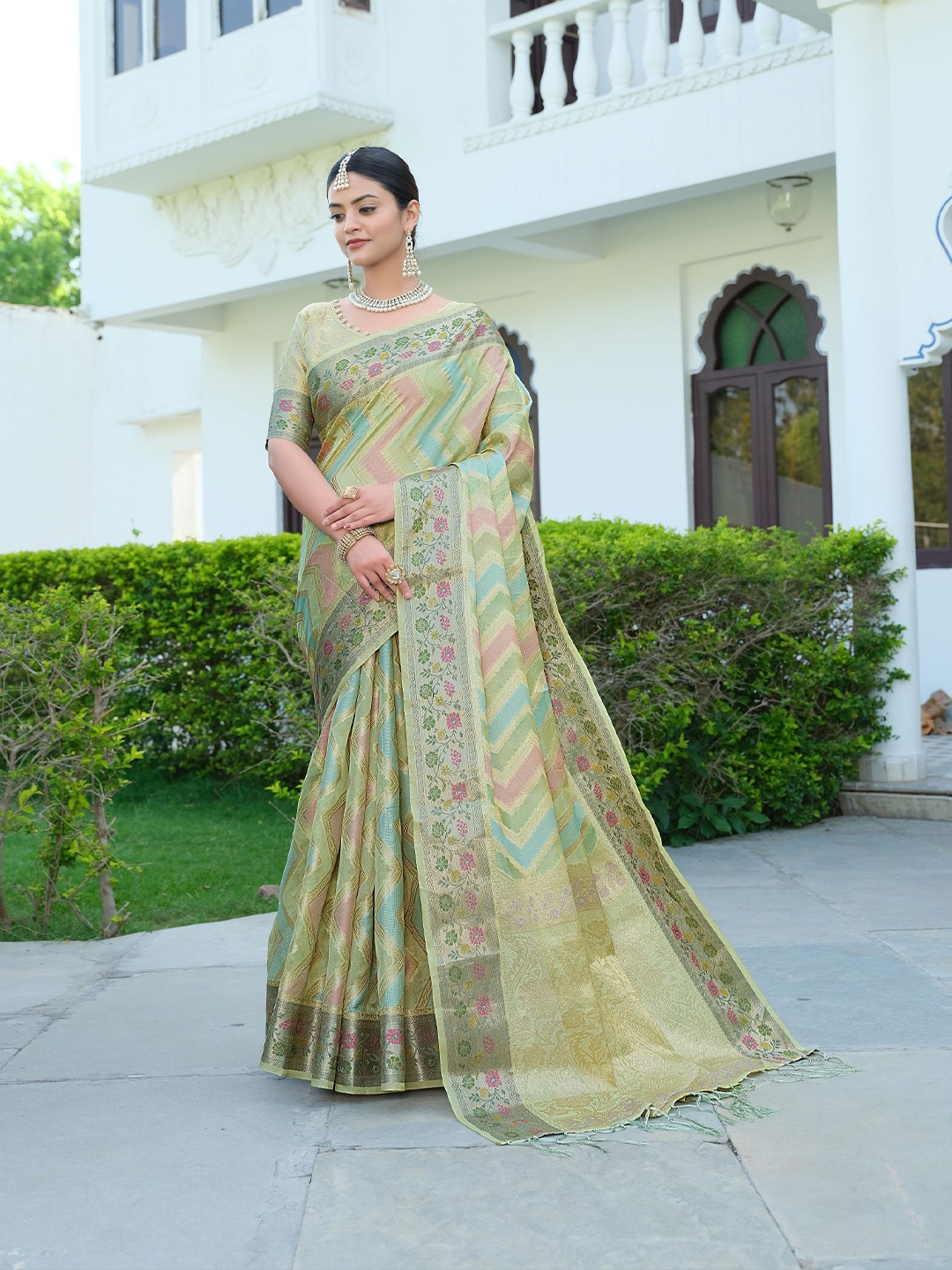

Dori Ethnic Motif Zari Organza Saree With Blouse Piece, Green