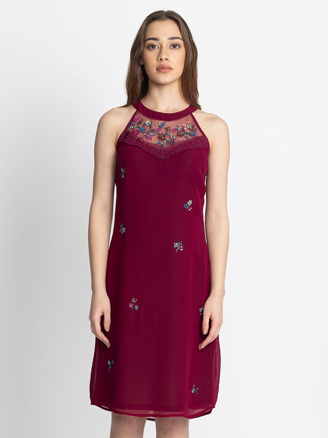 

SHAYE Embellished Georgette A-Line Dress, Maroon