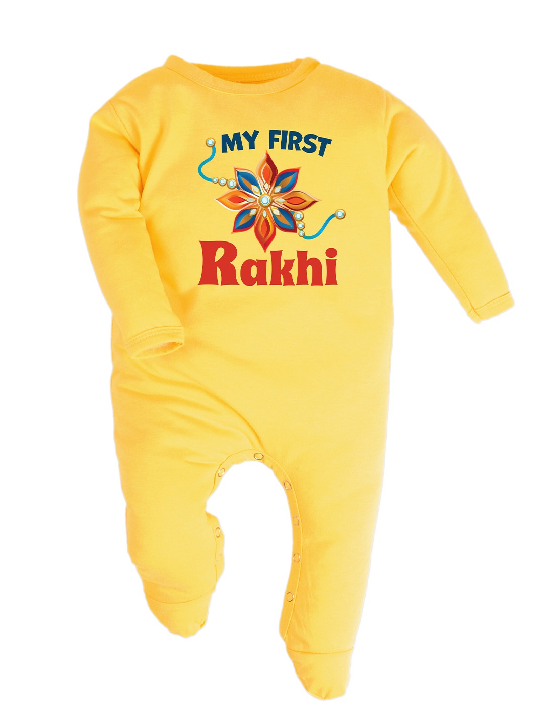 

FflirtyGo Infants Rakhi Special Typography Printed Pure Cotton Sleepsuit, Yellow