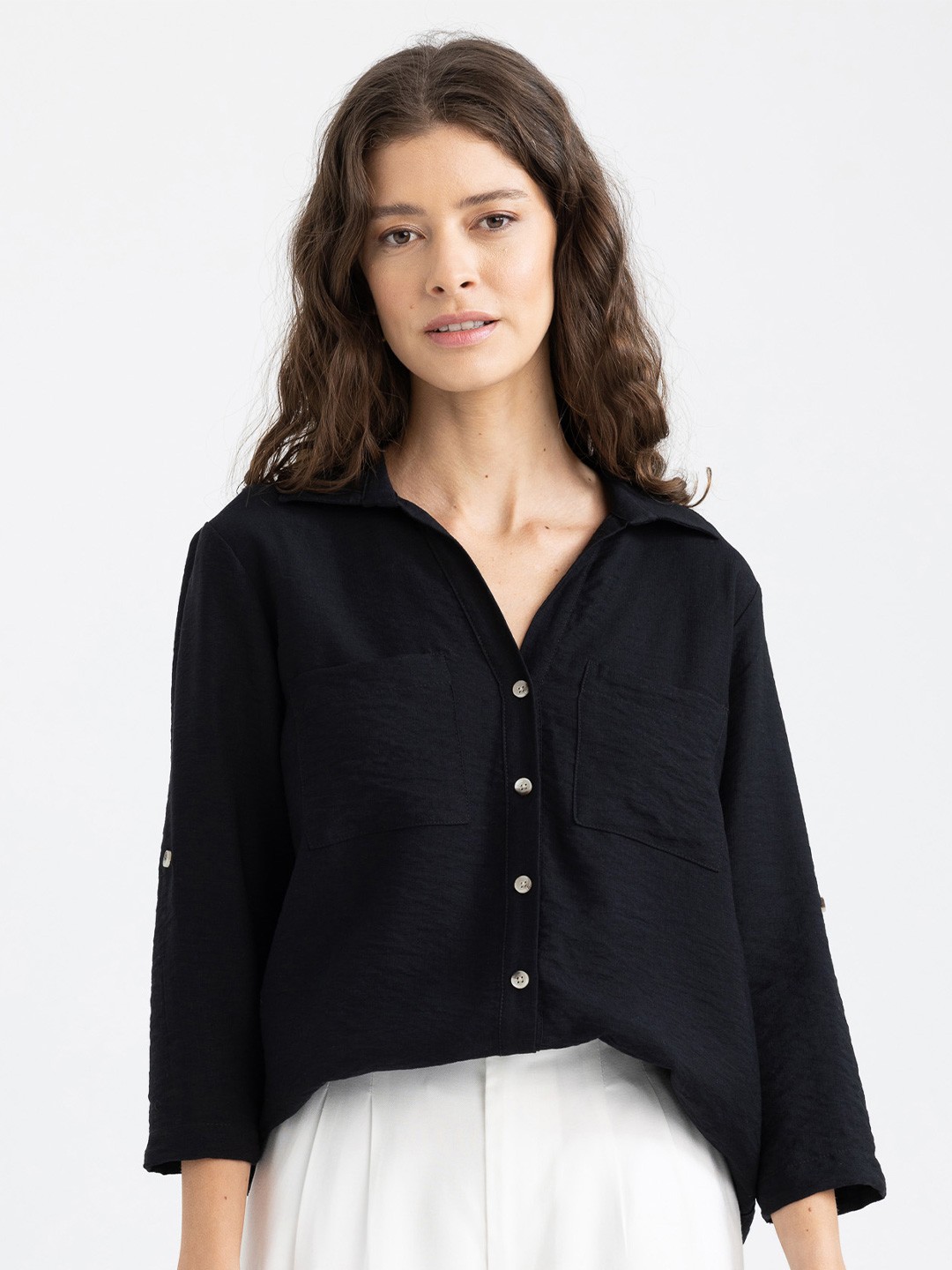 

DeFacto Spread Collar Roll-Up Sleeves Casual Shirt, Black